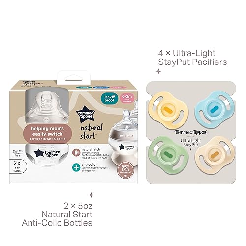 Miniatura 2 de Tommee Tippee Chupete ultraligero StayPut, de 0 a 19.7 ft, paquete de 4, color azul y crema y inicio natural, anticólicos de 5 onzas, sin BPA,