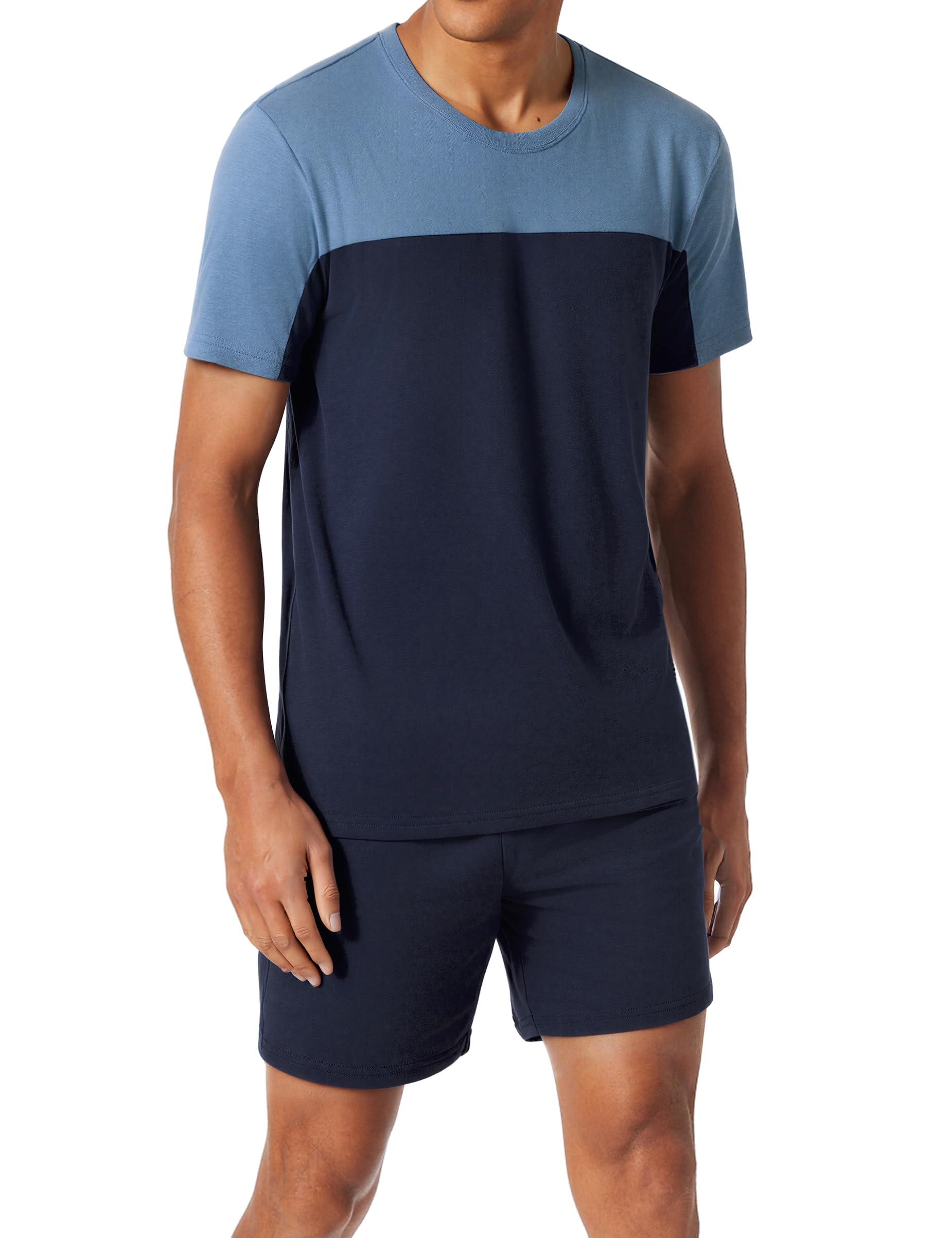 Aseniza Schlafanzug Herren Kurz Baumwolle Sommer Pyjama Set Kurzarm Oberteil und Schlafanzughose Kurz Rundhals Hausanzug mit Kontrastdesign