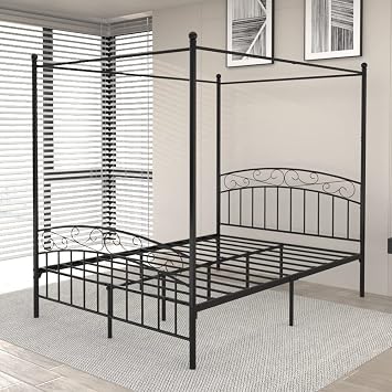 Metal - Canopy -Bed -Frame Solid Platform - Bed Queen - Size with Headboard and Footboard,Metal Slat SupportNo Box Spring Needed Black