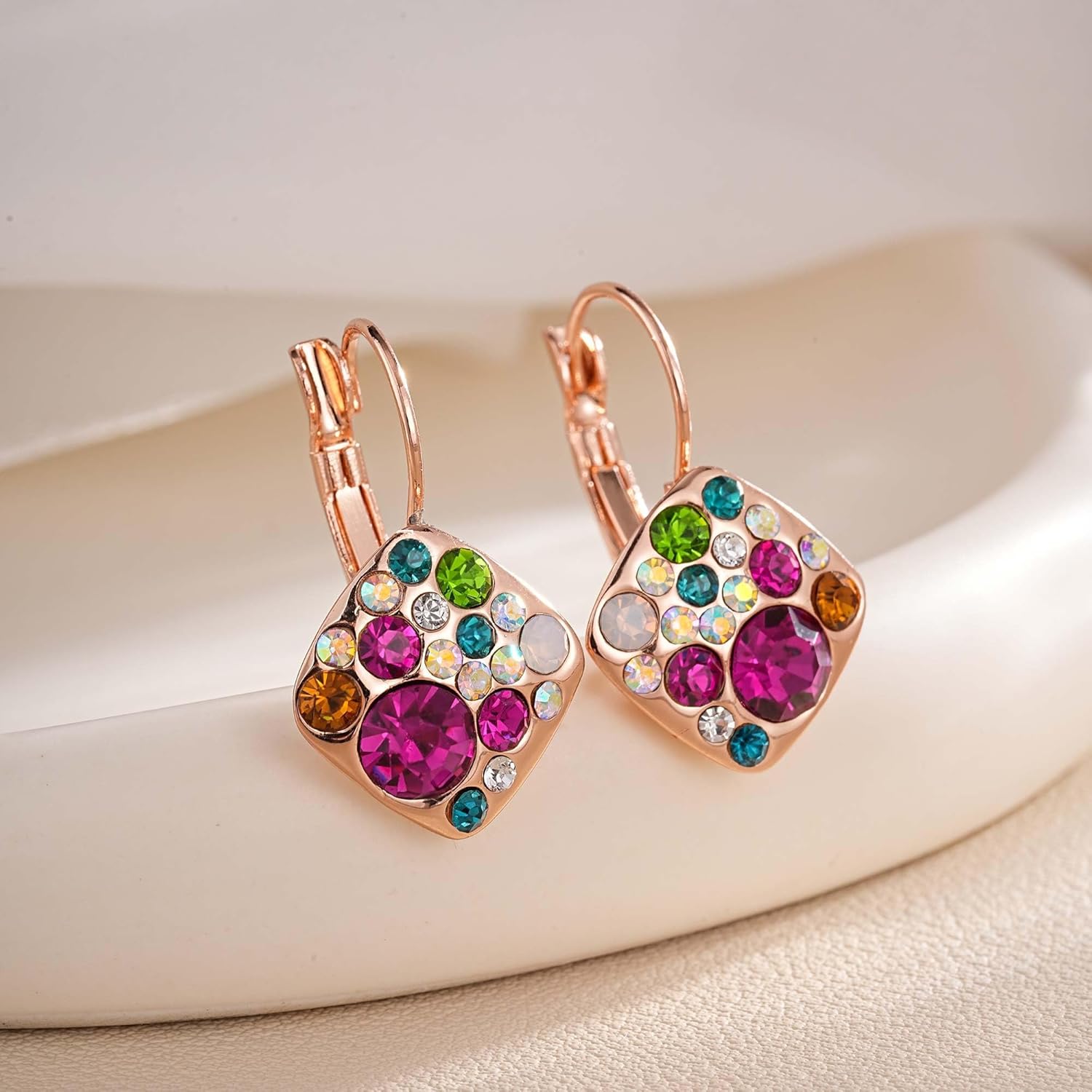 Multicolored Austrian Crystal Square Drop Leverback Earrings for Women 14K Gold Plated Huggie Earrings Hypoallergenic Jewelry