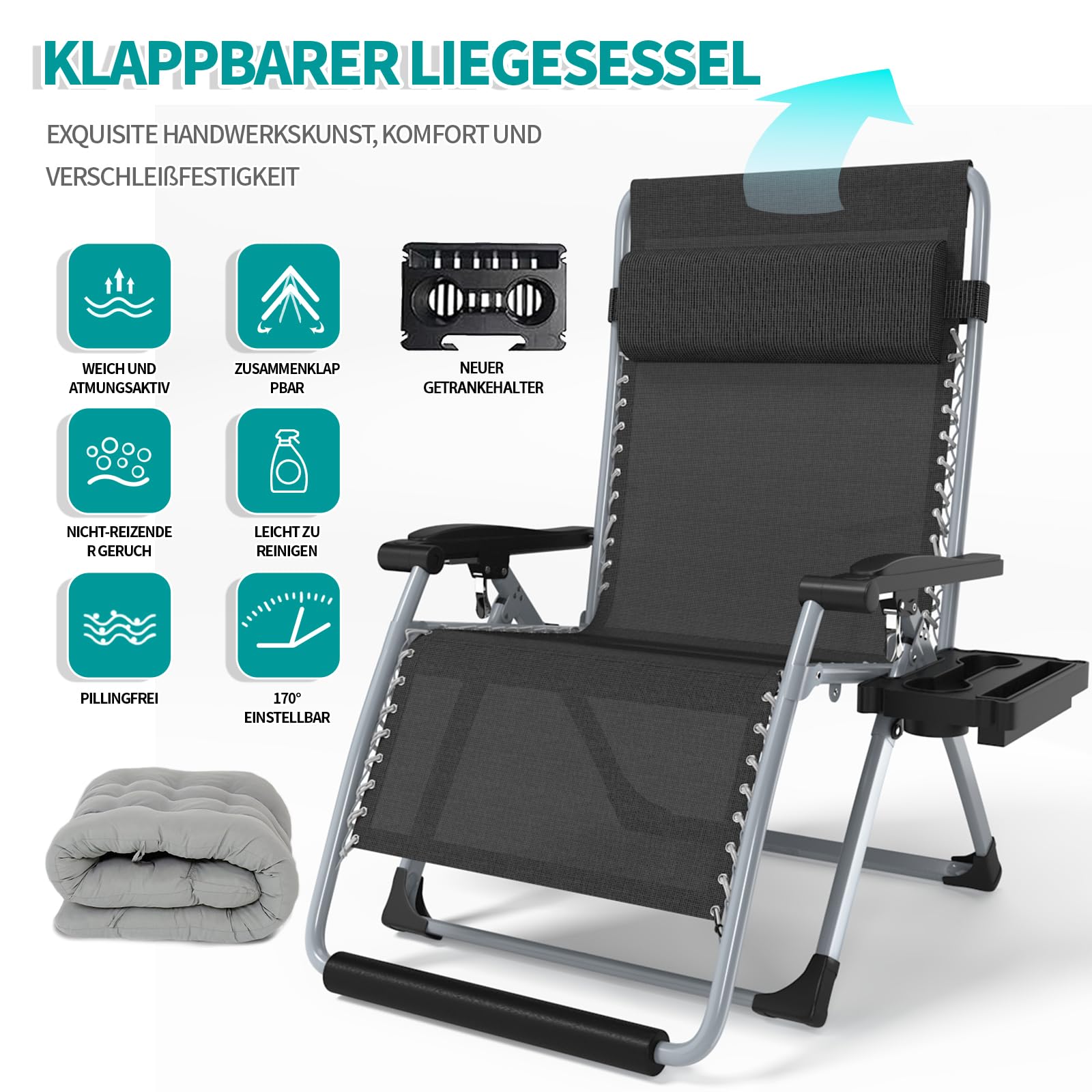 Liegestuhl Klappbar Sonnenliege mit Abdeckung, Gartenliege Relaxliege für Mittagspause Belastbar 240kg Verstellbar RüCkenlehne Gartenstuhl Ergonomisch und Atmungsaktiv (Silbrig)