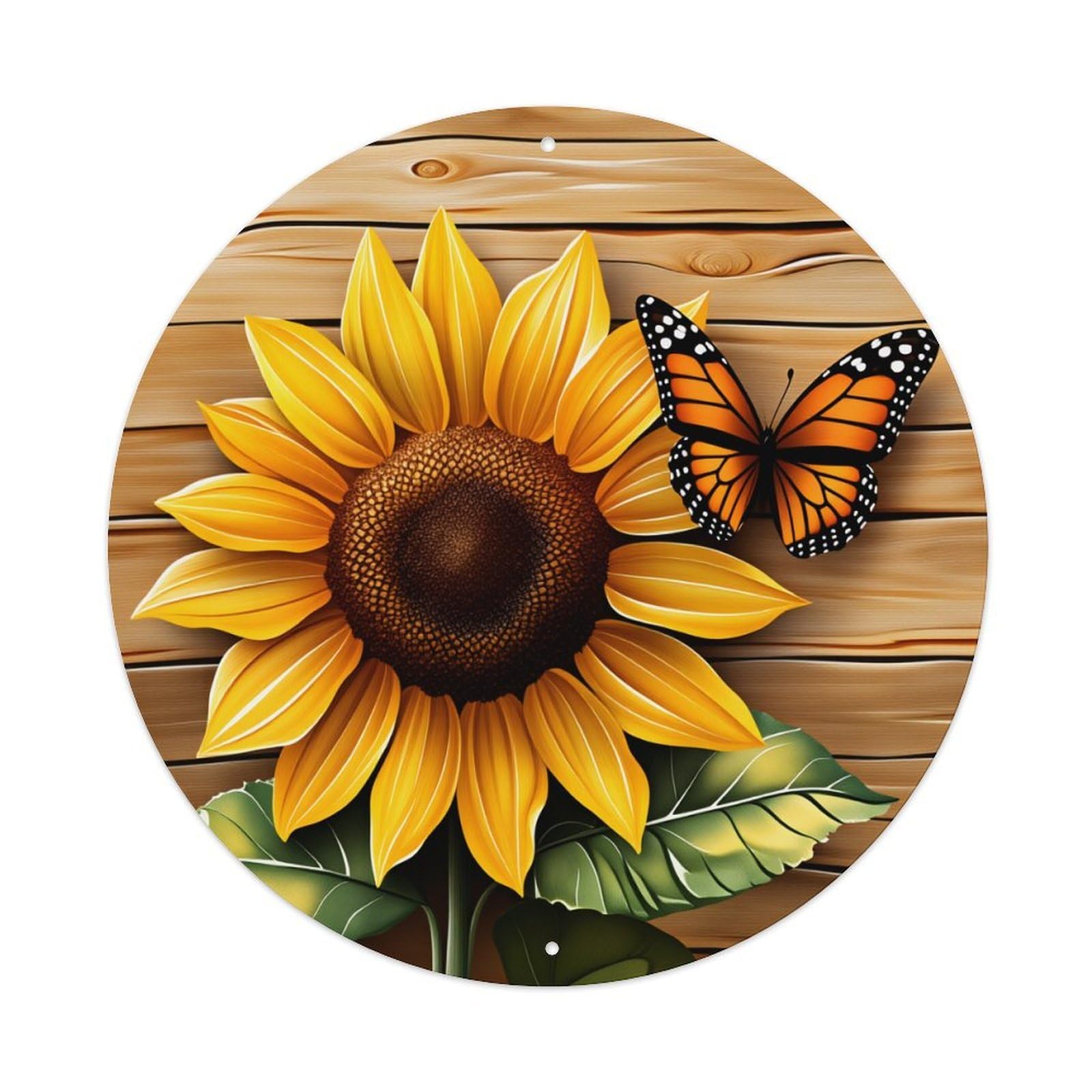 Sunflower And Butterfly On Wooden Background Round Vintage Tin Sign,Retro Wall Art,Metal Poster for Home, Bar, Garage, Cafe, Rustic Indoor & Outdoor Decor, 8x8 Inches