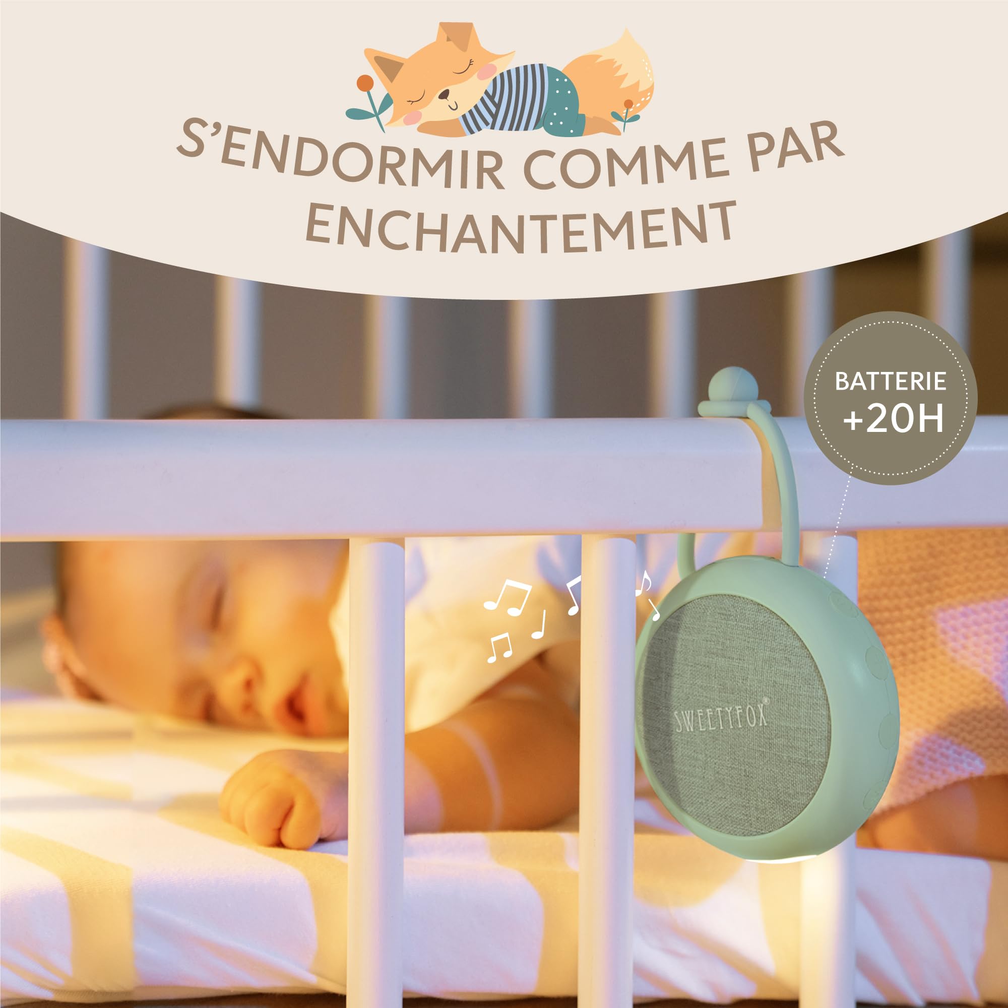 Sweety Fox Machine Bruit Blanc Bebe - Vert - Berceuse Bebe, Veilleuse et Bruit Blanc Bebe Sommeil, 15 Sons, USB Rechargeable