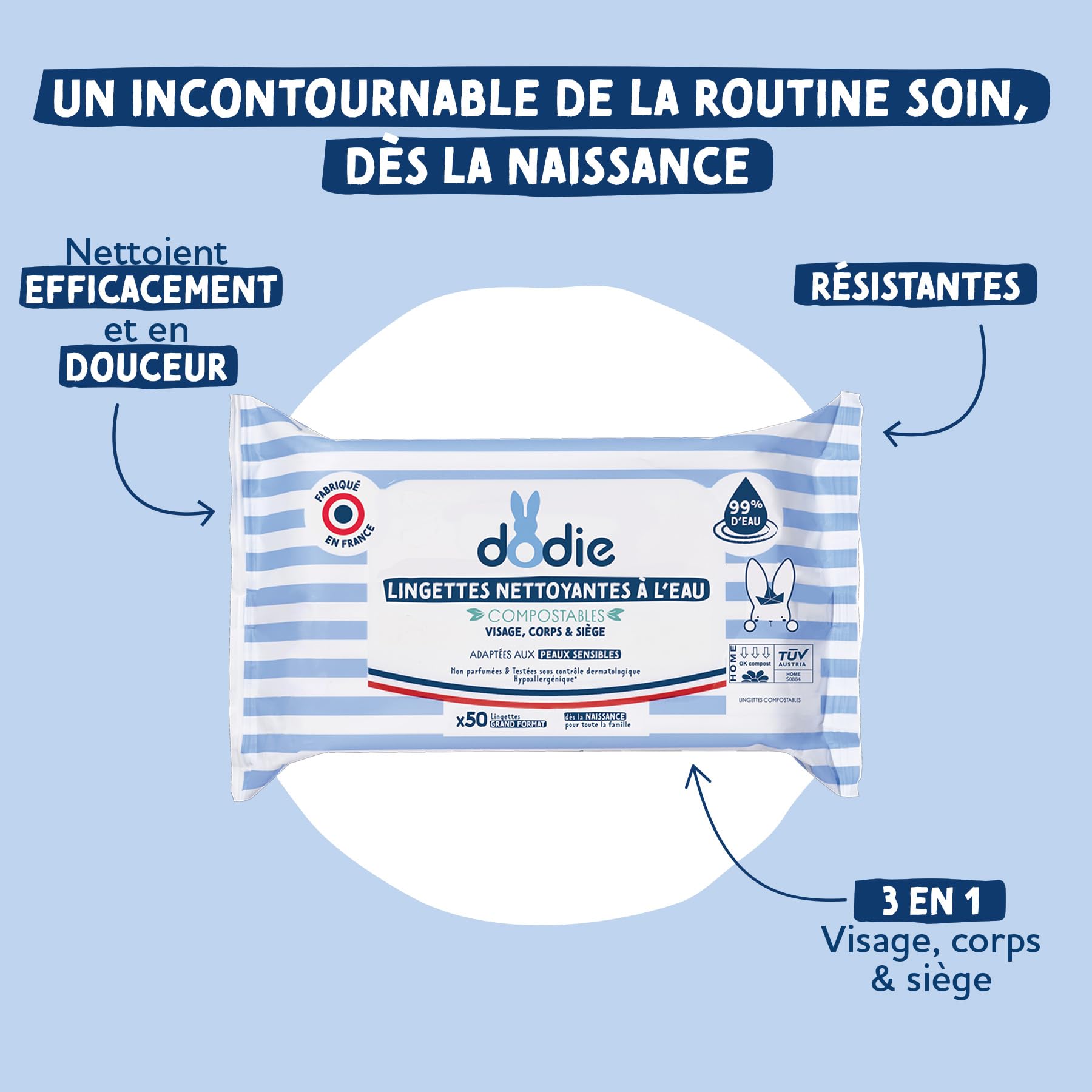 Dodie Lot de 8 Paquets de Lingettes compostables à l'eau x50