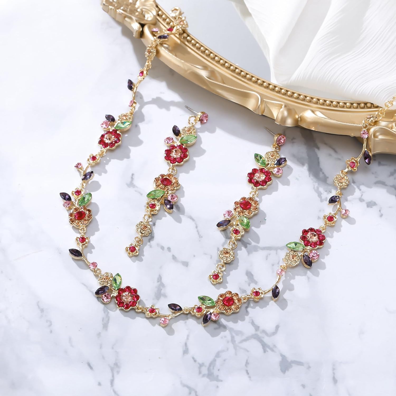 BriLove Flower Jewelry Set for Women,Gorgeous Stunning Crystal Elegant Flowers Marquise Cluster Statement Necklace Long Dangle Drop Earrings Party Prom Accessories - Image 4