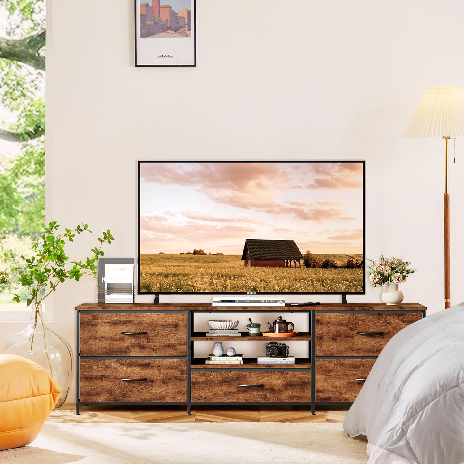 TV-Schrank,Fernsehschrank,Lowboard für Fernseher bis zu 65 Zoll,TV Board mit 5 Schubladen aus Stoff,2 offenen Fächern,Fernsehtisch mit Stahlgestell für Wohnzimmer,30 x 140 x 50 cm (Braun)