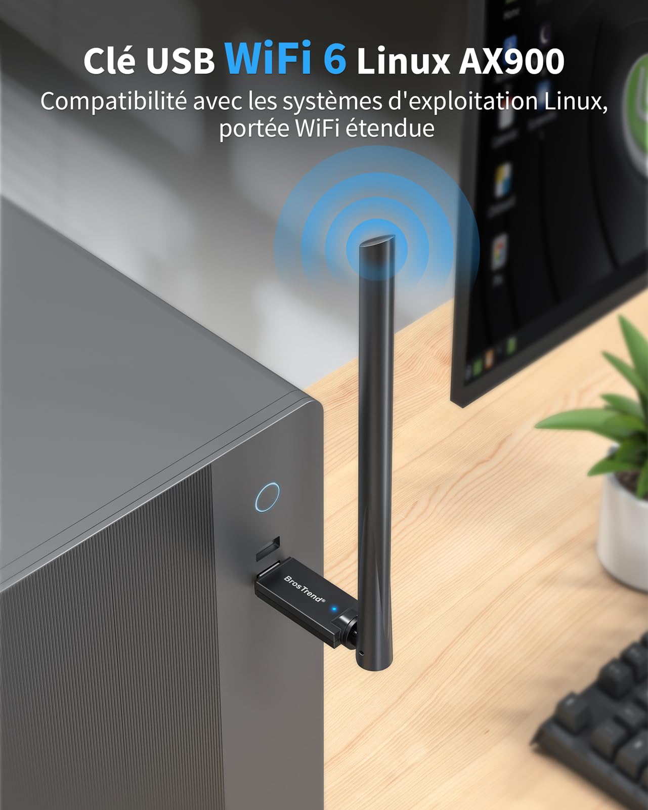 BrosTrend AX900 Wi-Fi 6 Clé WiFi Linux pour Ubuntu, Mint, Debian, Zorin, Raspberry Pi OS, Kubuntu, Mate, Windows etc. Clé USB Dongle WiFi Linux Double Bande 5GHz /2,4G, Antenne à Gain Élevé 6dBi, WPA3