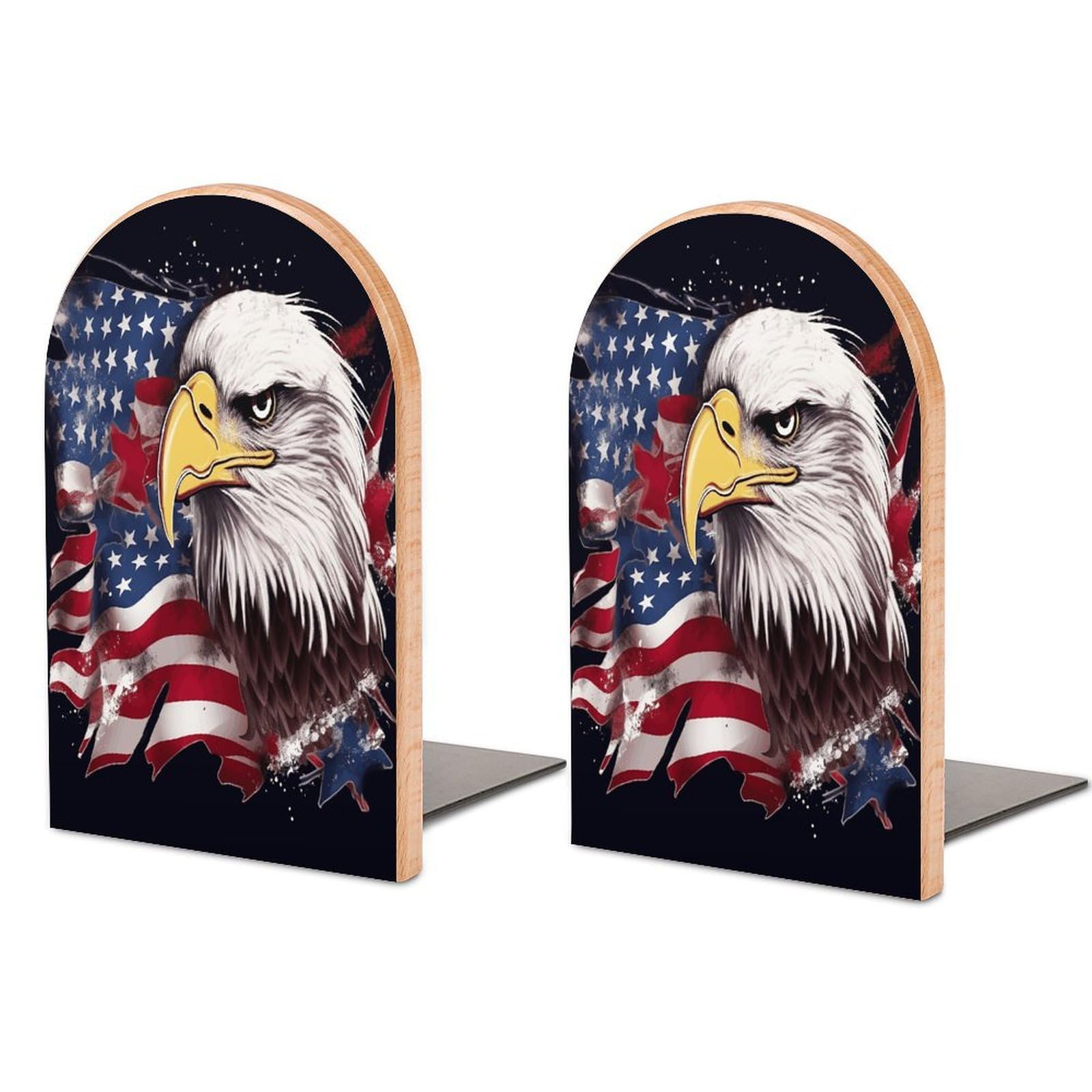 America US Flag Bald Eagle Bookend for Shelves Fashion Modern Wood Book End with Non-Slip Metal Base Universal Economy Bookend Book Organizer for Home Office Desk Accessories 1 Pair