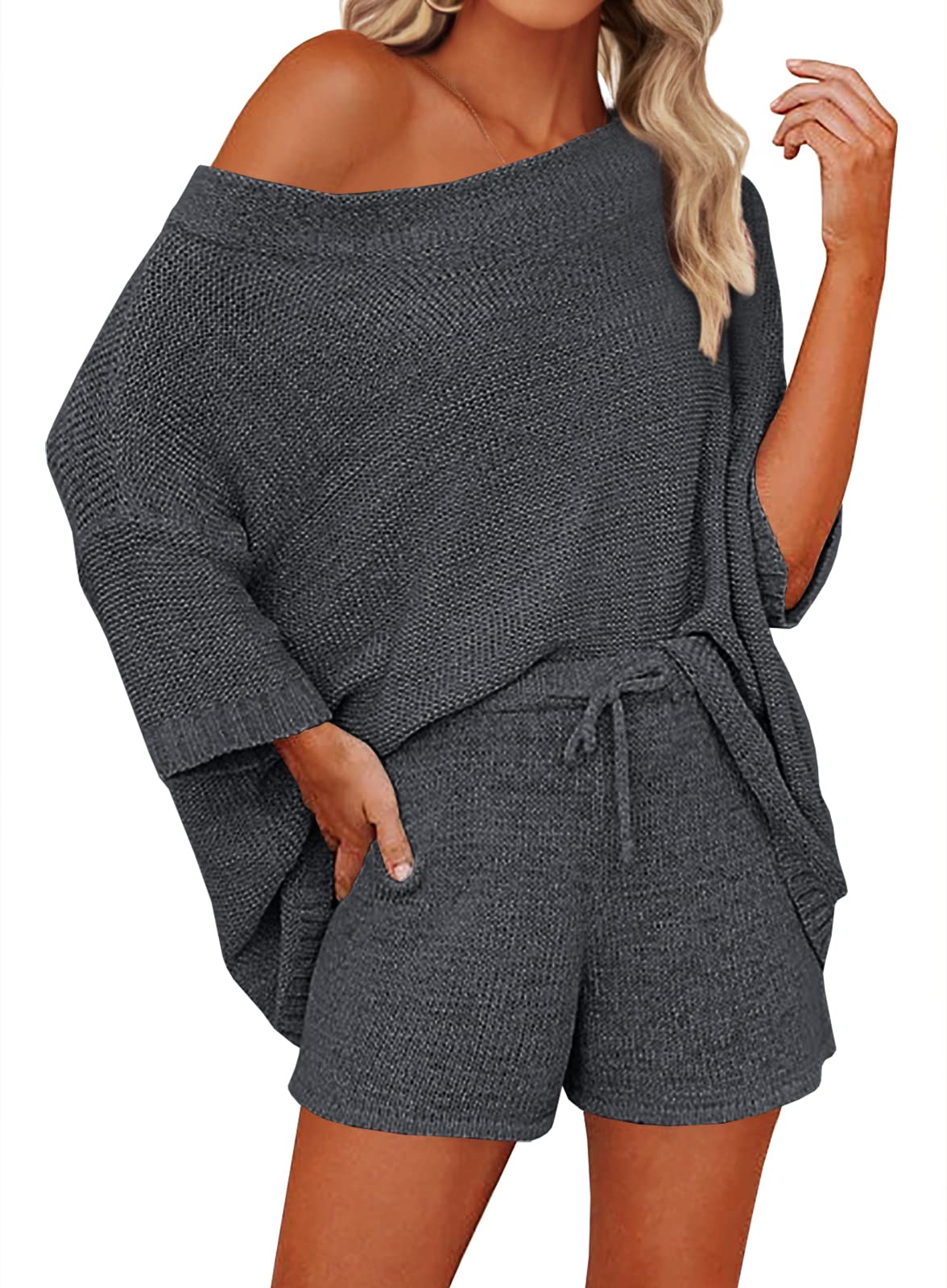 Mafulus Women's 2 Piece Outfits Sweater Sets Off Shoulder Knit Top Shorts Matching Suits Cute Pajama Lounge Set