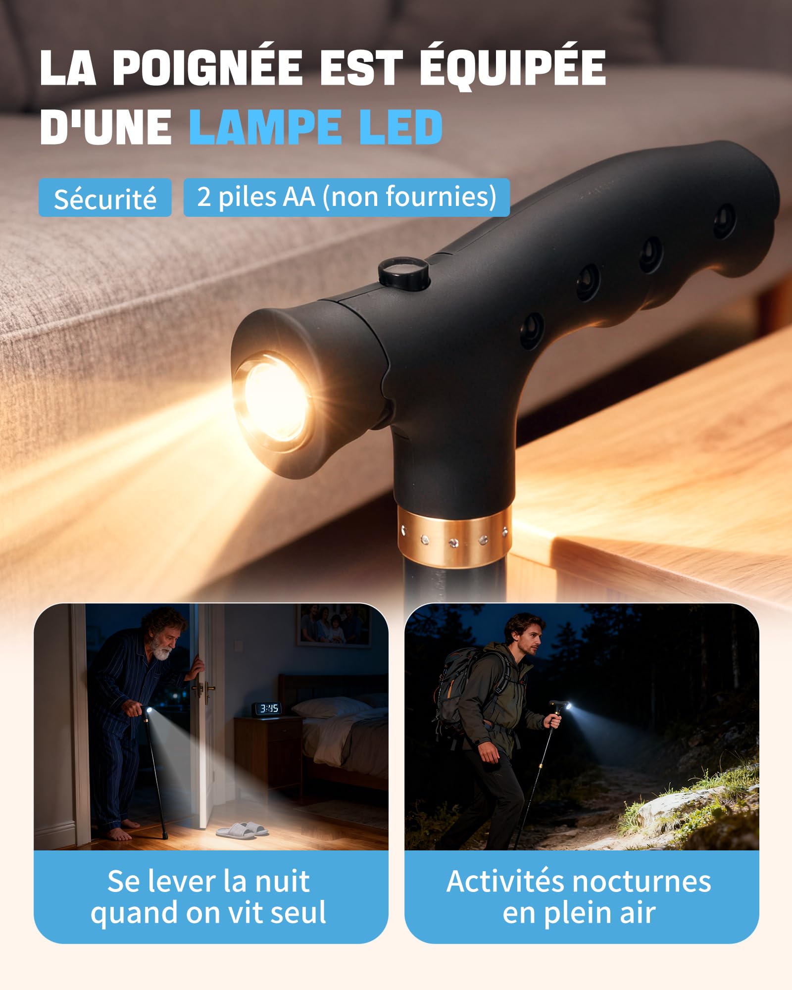 Sinocare Canne de Marche Pliable, Canne Légère et Portable avec | Base Pivotante 360° Poignée en T, Résistant 115kg, Réglable 85-95cm LED pour Adultes et Seniors