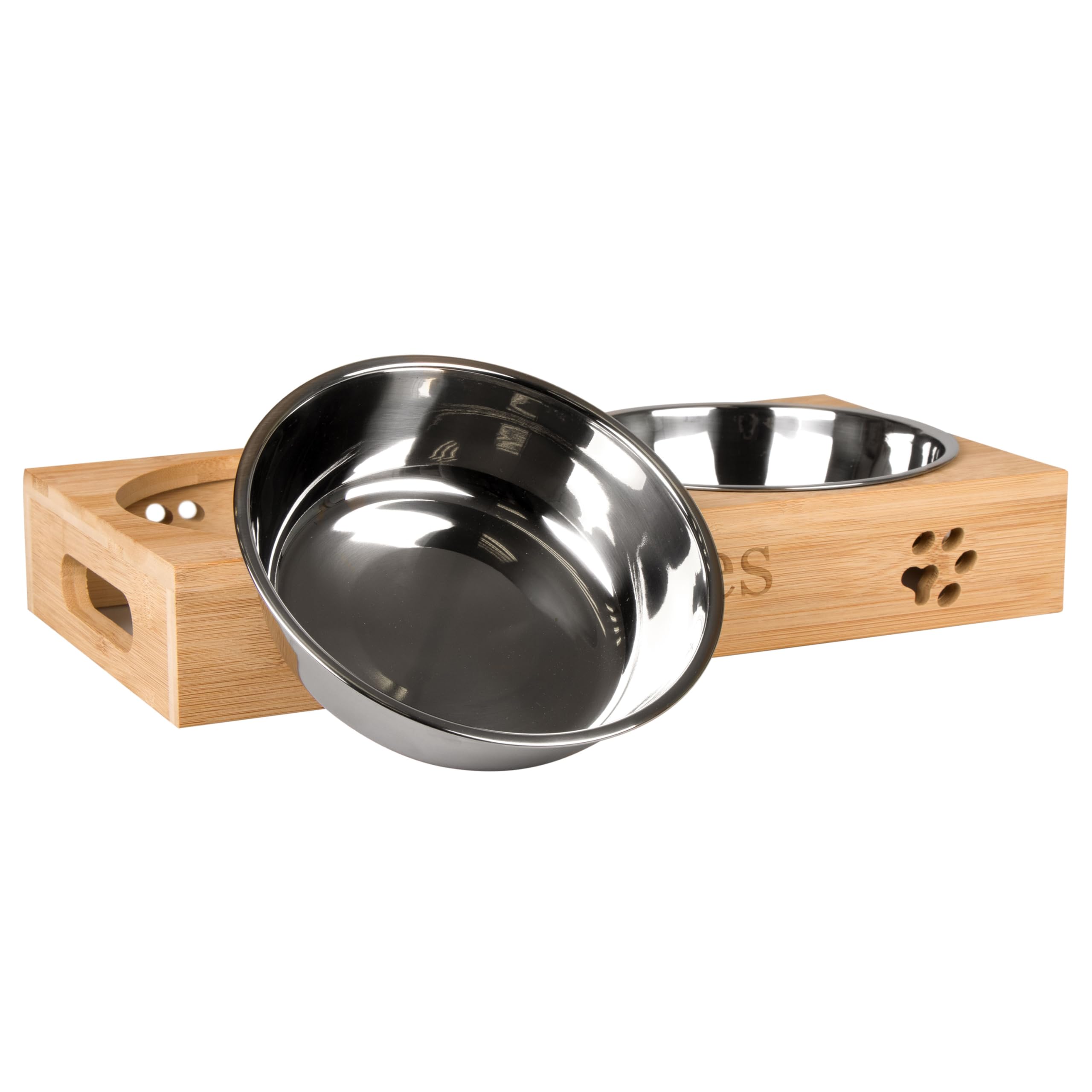 LAUBLUST Stazione di alimentazione con nome personalizzato per cani - Naturale | 49x26x7cm, rialzata - Ciotola per cibo e acqua per gatti | 2 ciotole in acciaio inox x 1,4L | Ciotola per gatti incisa
