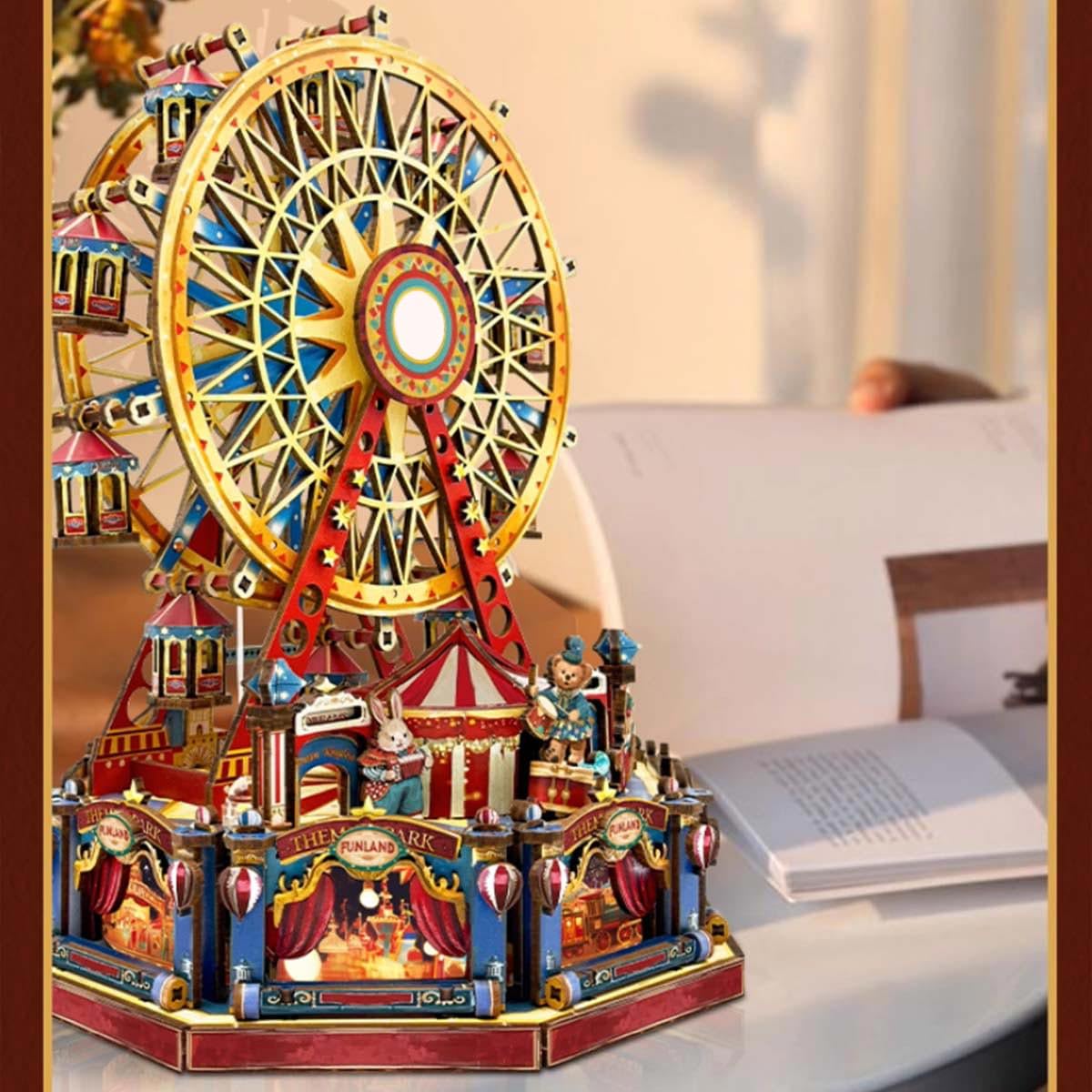 3D Holzpuzzle, 3D-Holz-Century-Riesenrad-Spieluhr, DIY-Set, rotierende Lichter, 367-teilige Schreibtischdekoration