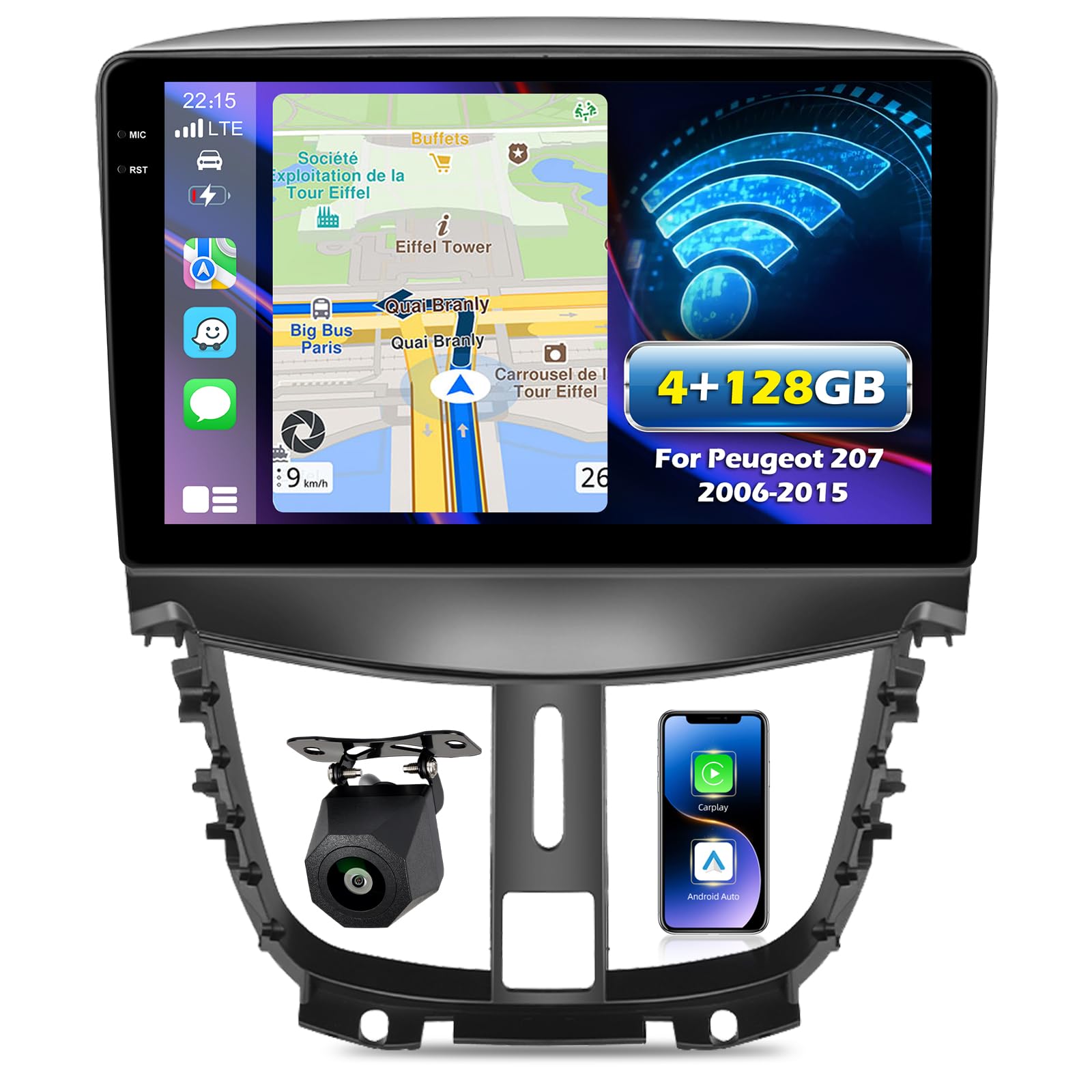 NHOPEEW 4+128G Android Autoradio per Peugeot 207 2006-2015 con Wireless Carplay e Android Auto - Schermo incell da 9 pollici Supporto WiFi GPS Comandi al volante + Telecamera di retromarcia, Canbus