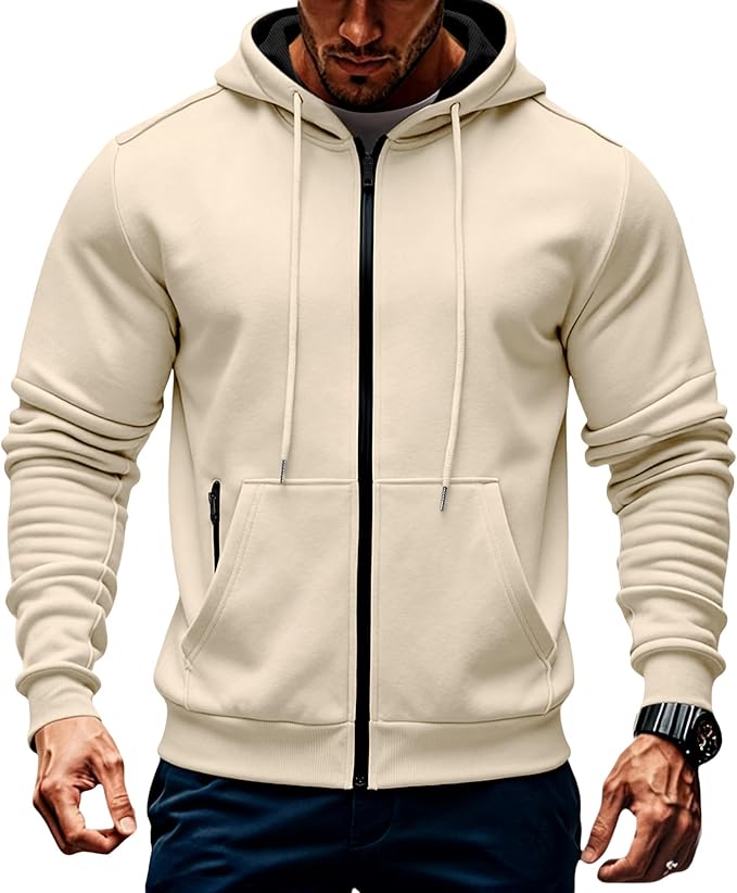 Mens Fleece Hooded Sweatshirt Winter Full Zip Jackets Long Sleeve Outerwear with Multi Pockets