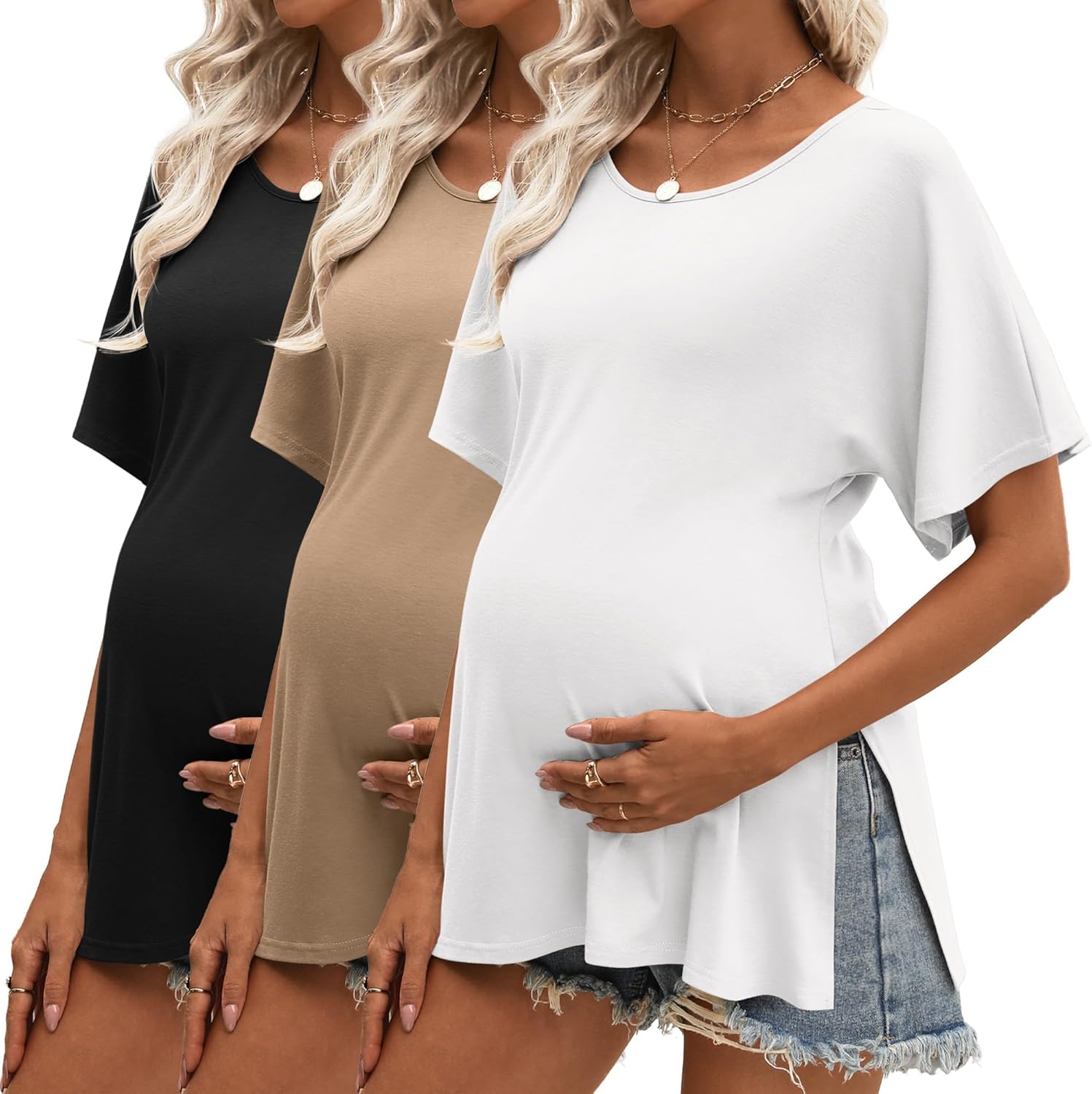 Riyiper 3 Pack Women’s Maternity Tunic Shirts Cotton Summer Pregnancy Clothes Loose Oversized Split Side Blouse Tops