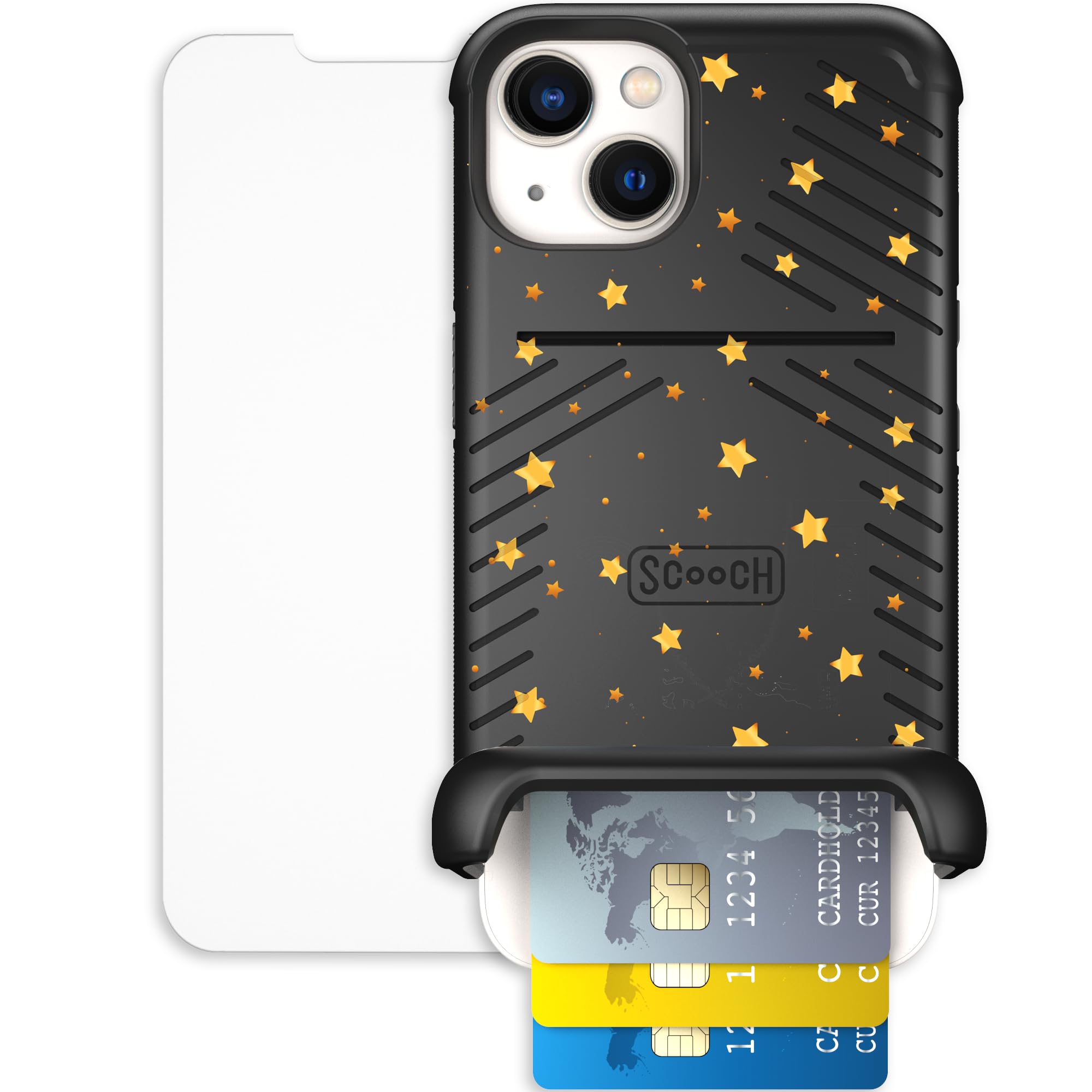 Scooch for iPhone 13 Case with Card Holder, Wingmate Wallet Case with Hidden Card Slot and RFID Protection, Bundled with Tempered Glass Screen