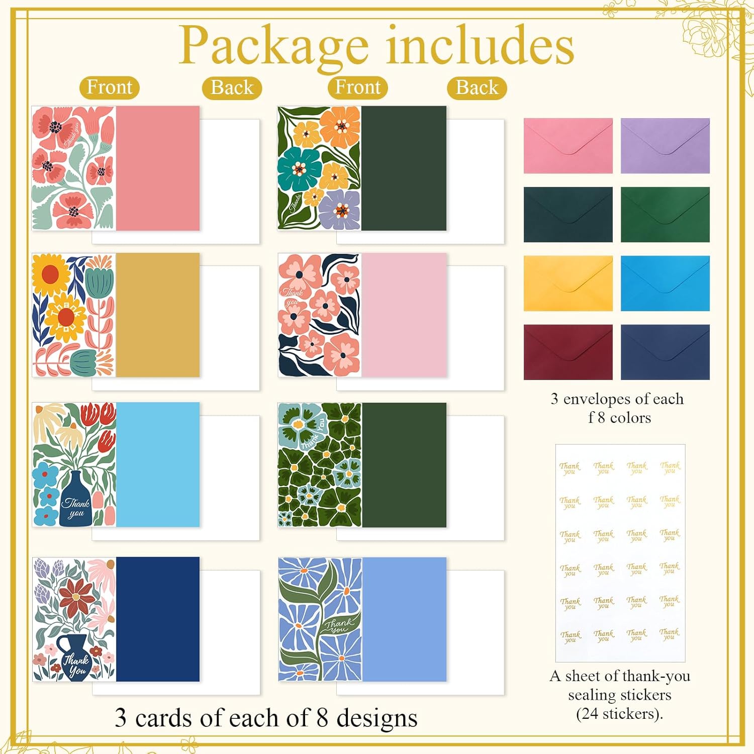24 Pack Floral Thank You Cards with Envelopes 8 Floral Greeting Cards Bulk with Envelopes & Stickers, 4x6 Inch Blank Inside Note for Birthday, Wedding, Baby Shower, Business - Image 3