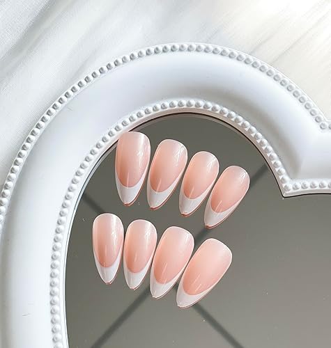 Miniatura 3 de Uñas postizas a presión medianas con punta francesa de almendra, color rosa, cobertura completa, punta de uñas blancas, con diseños, pegamento