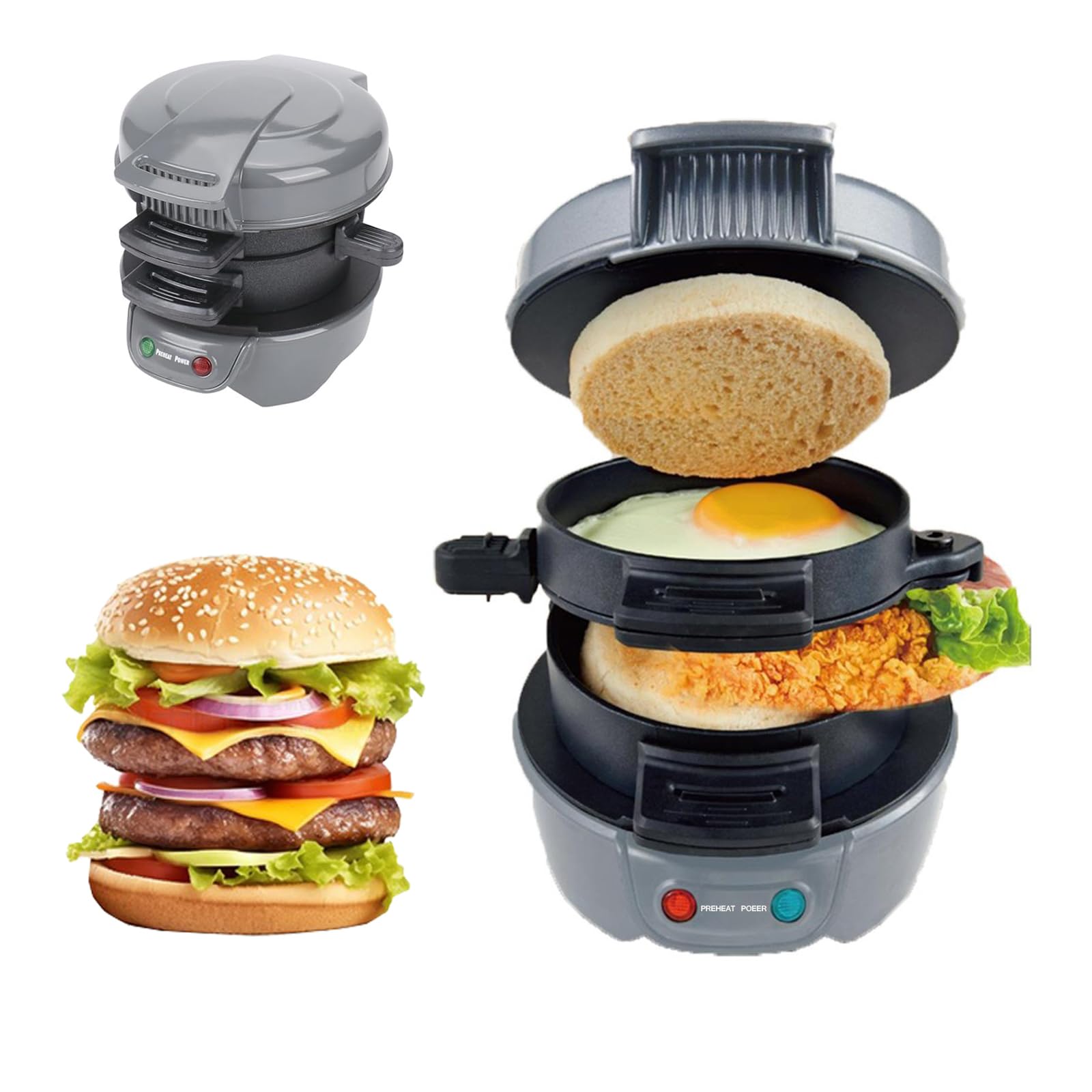 Tostiera Sandwich Maker, Pressa Per Panini Con Anelli Per Uova E Timer, Macchina Per Hamburger Piastre Antiaderenti, Per Hamburger, Panini, Toast, Waffle, Colazione Presto (Grey)
