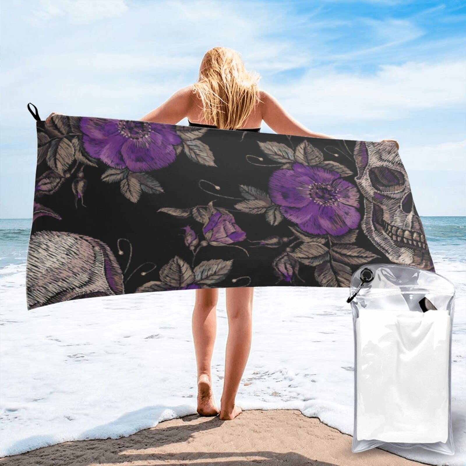 Lawenp Halloween and Skull Microfiber Beach Towel Adults Large Quick Drying Bath Towel Travel Towels with Pouch 31.5"x63"