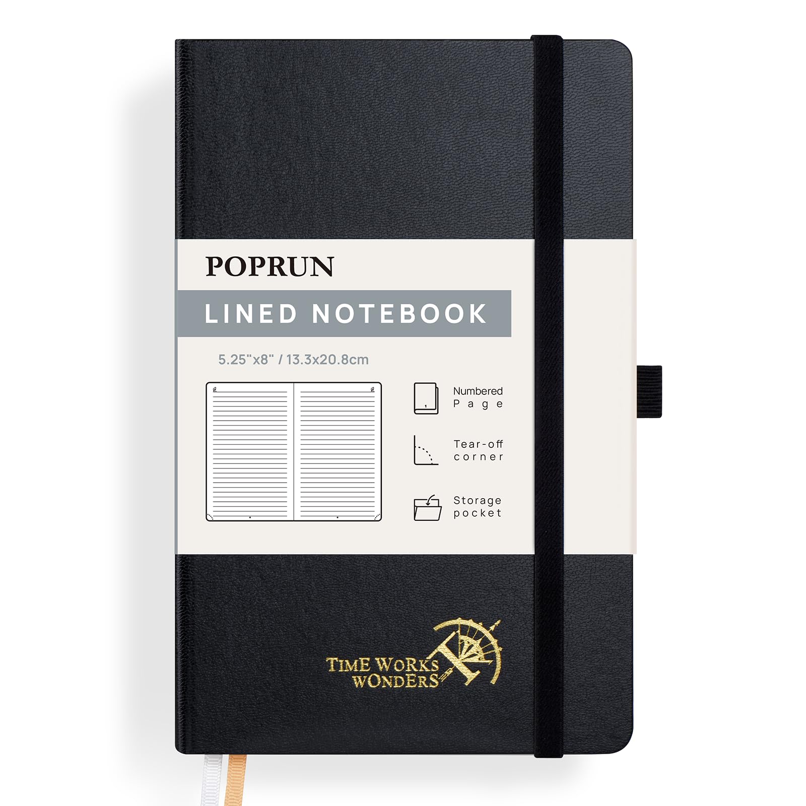 POPRUN Lined Journal Notebook for Women & Men, A5 Medium Size 5.25''x 8'', 120GSM Thick Paper, 128 Numberd Pages, Hardcover, Index Tabs, College Ruled Notebook for Work & Note Taking - Black