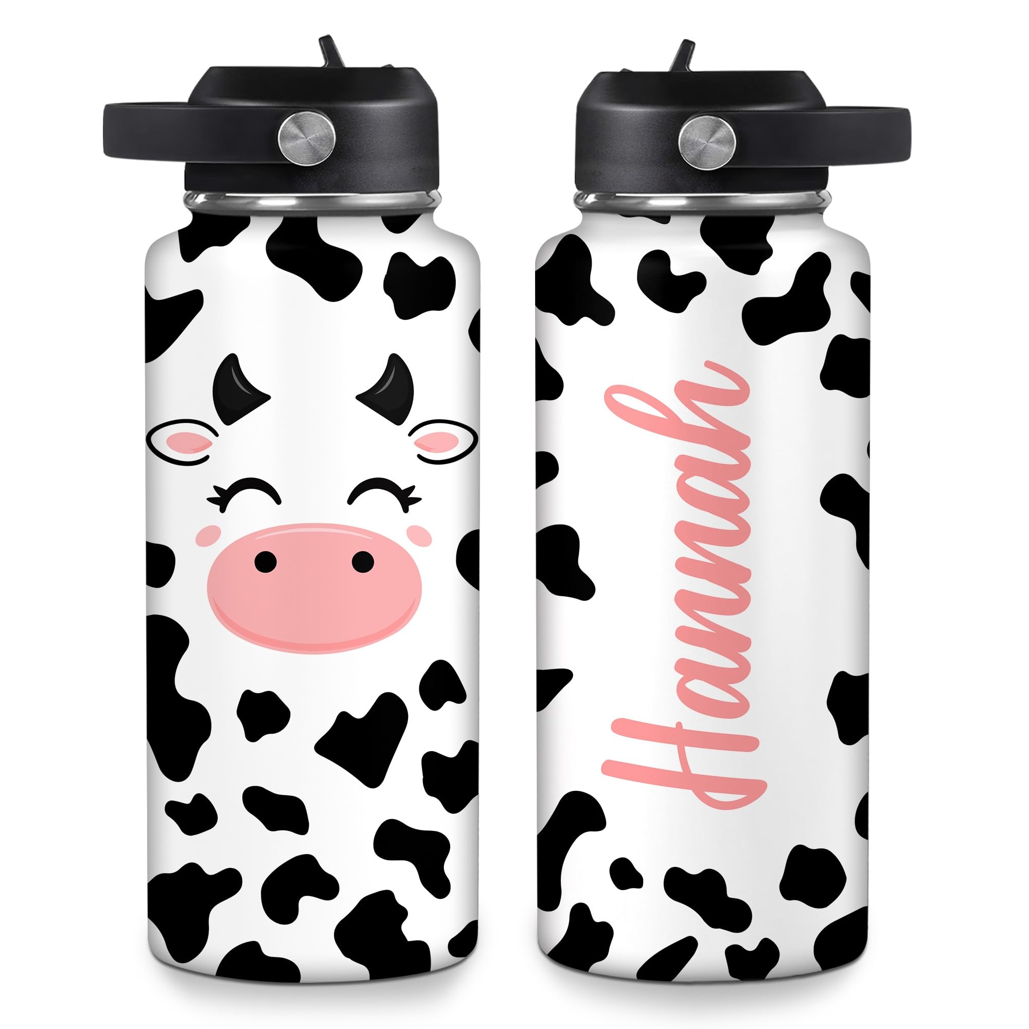 Hyturtle Personalized Cow Water Bottle - Insulated Stainless Steel Bottle with Leak-Proof Lid 18oz 32oz - Cow Print Gift for Women, Girls, Cow Lover