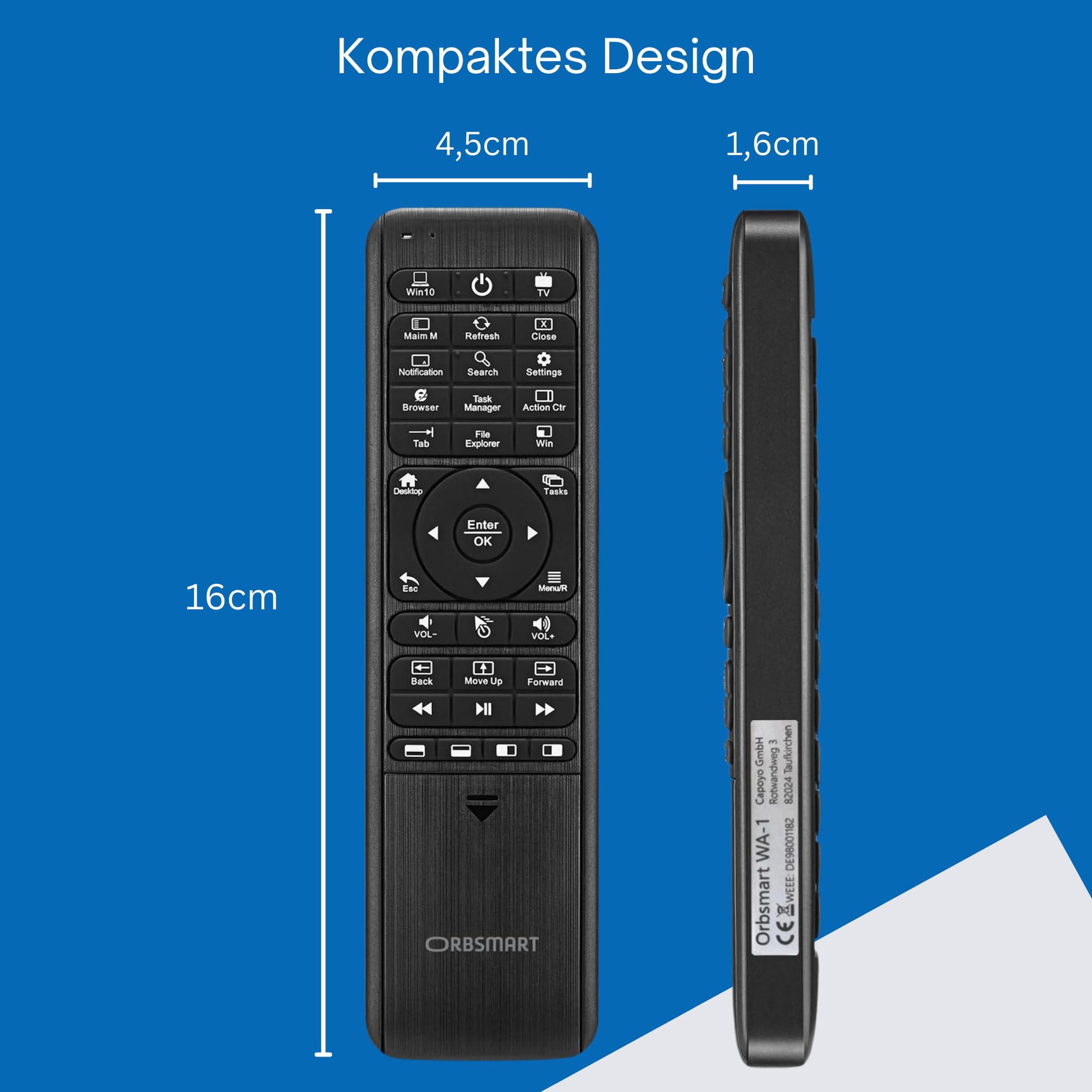 Orbsmart WA-1 Windows Airmouse Tastatur QWERTZ, PC & HTPC Fernbedienung | LED-Beleuchtung & Infrarot-Anlernfunktion. Umfangreiche Sondertasten. Steuerung per Gyro-Sensor
