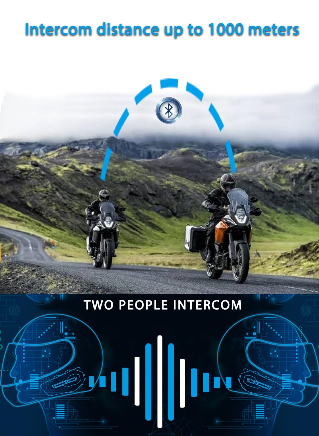 MAXTO Helmet Communication Systems with Music Sharing, X2 2-Riders 1000M Motorcycle Bluetooth Headset with FM/AI Voice - Image 3