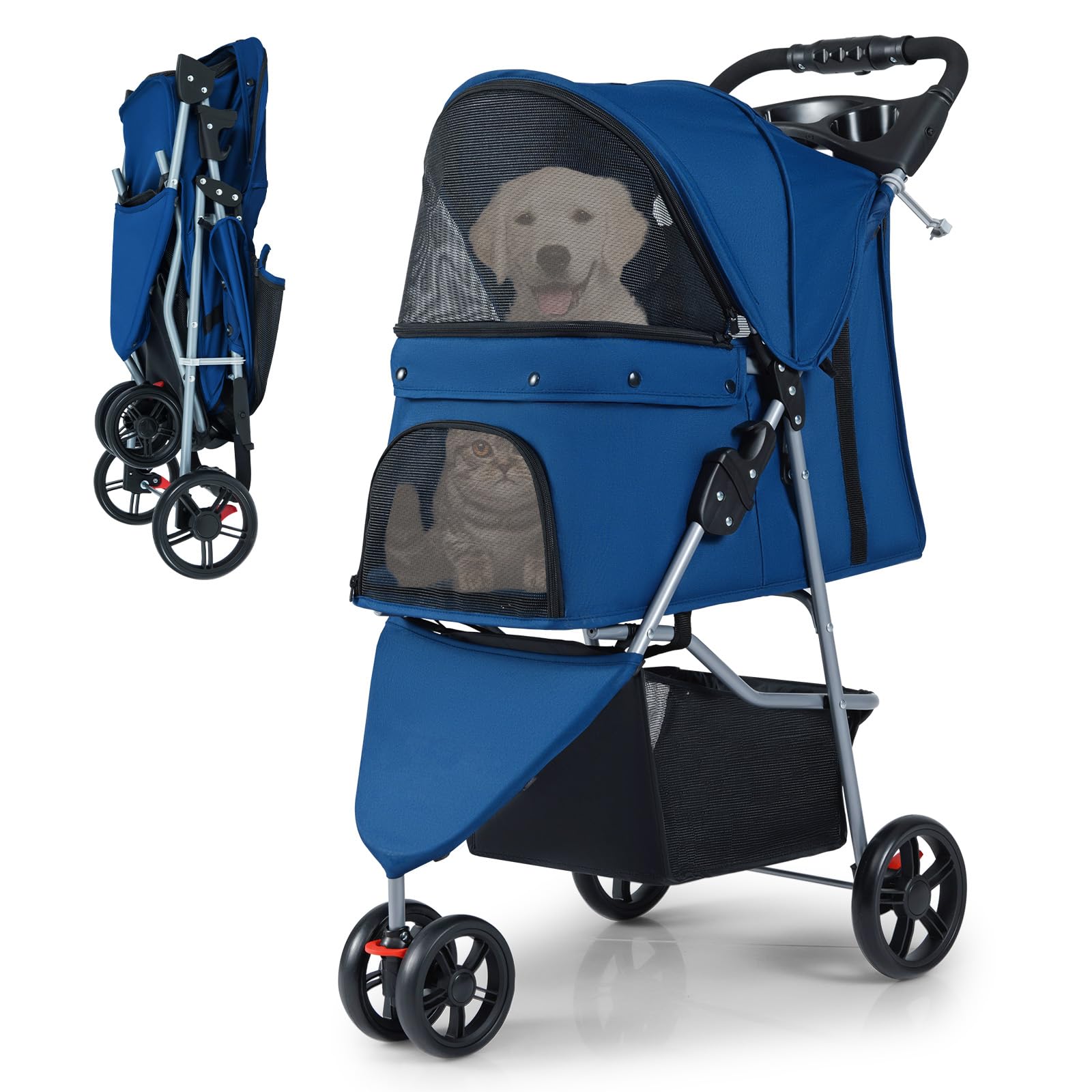 FANTASK Haustierwagen klappbar, Hundebuggy 3 Rad bis 15 kg mit verstellbarem Sonnendach & Polster, Katzenbuggy mit Netzfenstern Griff Korb für Hunde Katzen, Blau