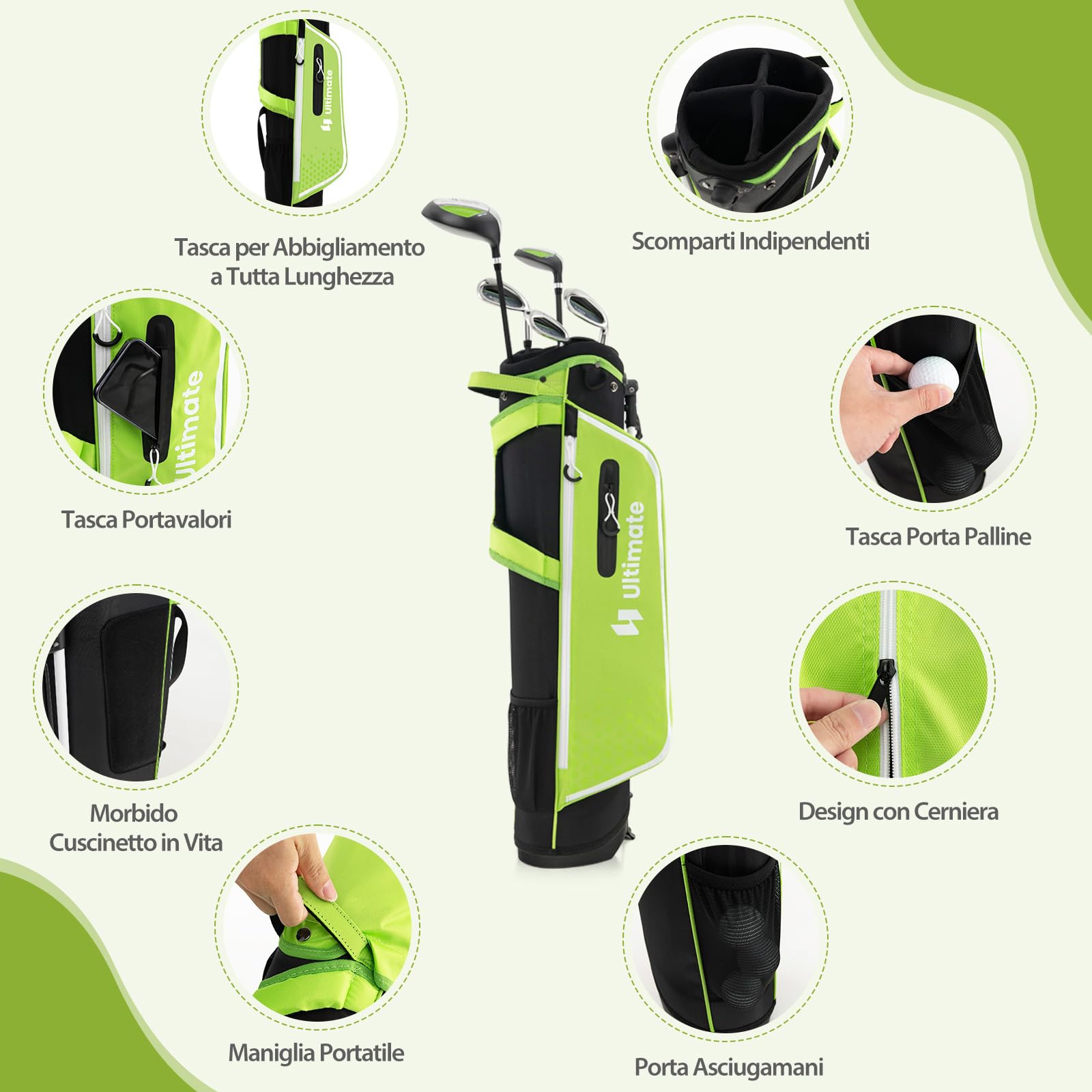 GYMAX Set di Mazze da Golf per 11-13 Anni, Set Completo da Golf Junior con Driver #1 da, Ibrido #5, Ferri #7#9#S e Putter, Grande Borsa da Golf Autoportante