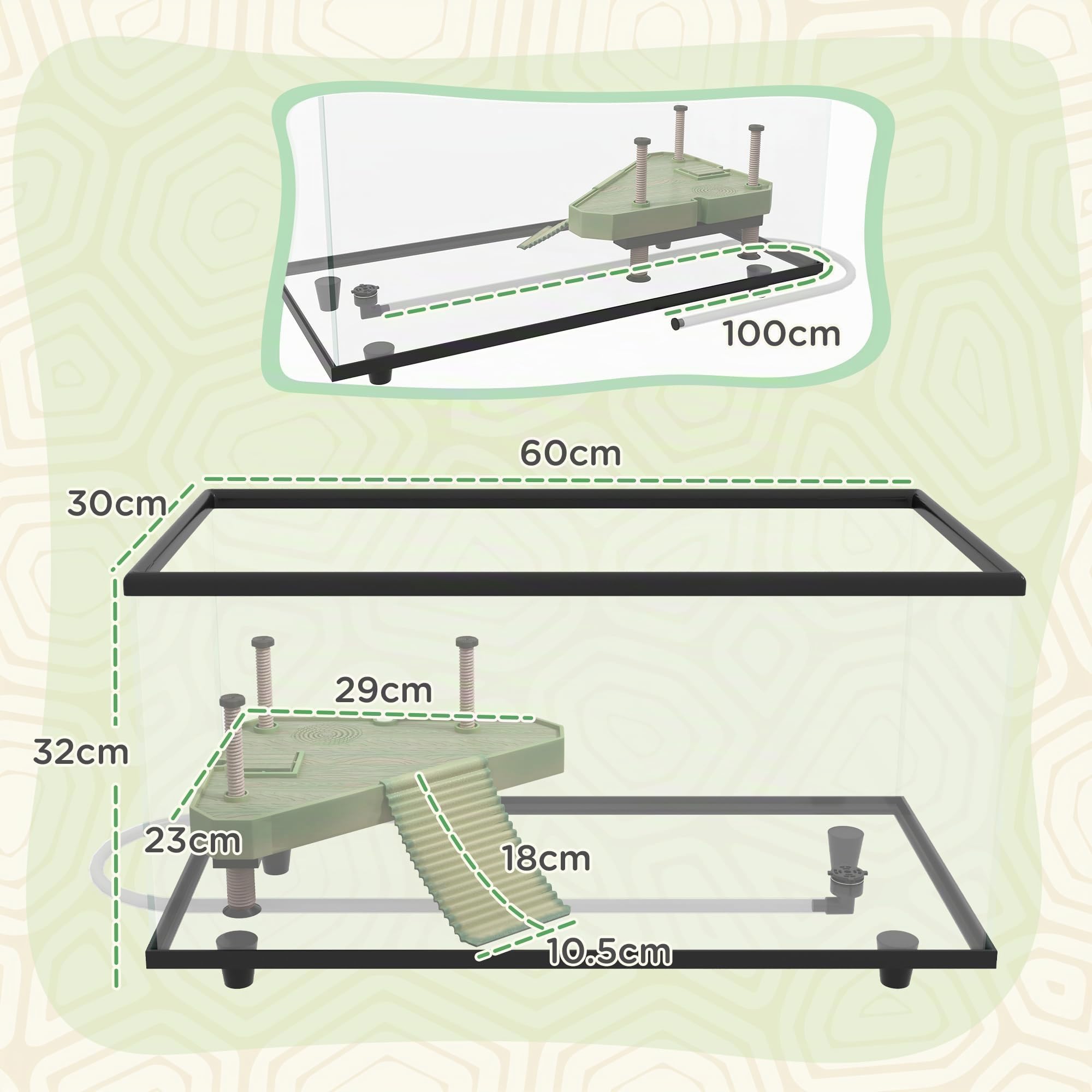 PawHut Terrarium pour tortues, Aquarium en verre de 50L avec plateforme de bain, rampe, simple évacuation, thermomètre à bandes, pour petites tortues, 60 x 30 x 32 cm