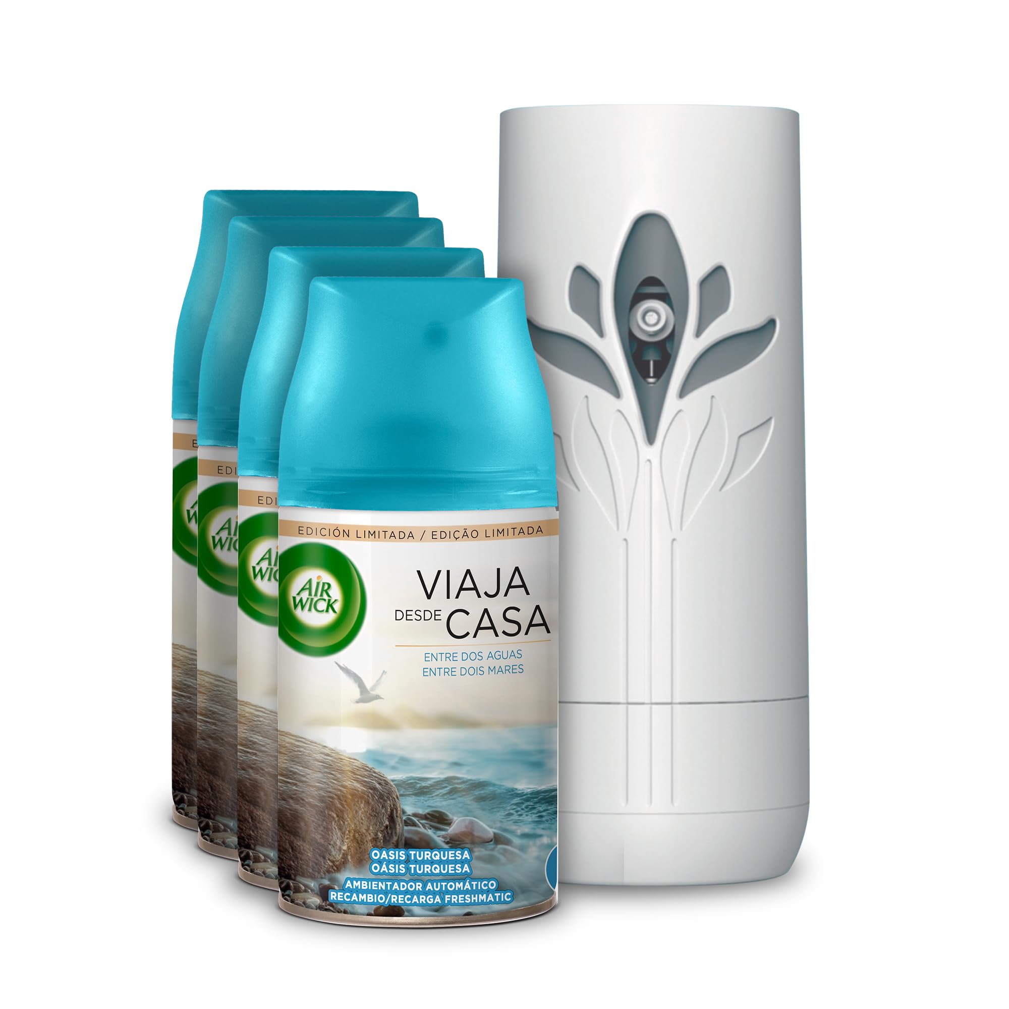 Air Wick Freshmatic, Aparato y 4 Recambios de ambientador Spray automático, Aroma a Oasis Turquesa, El embaleje Puede Variar