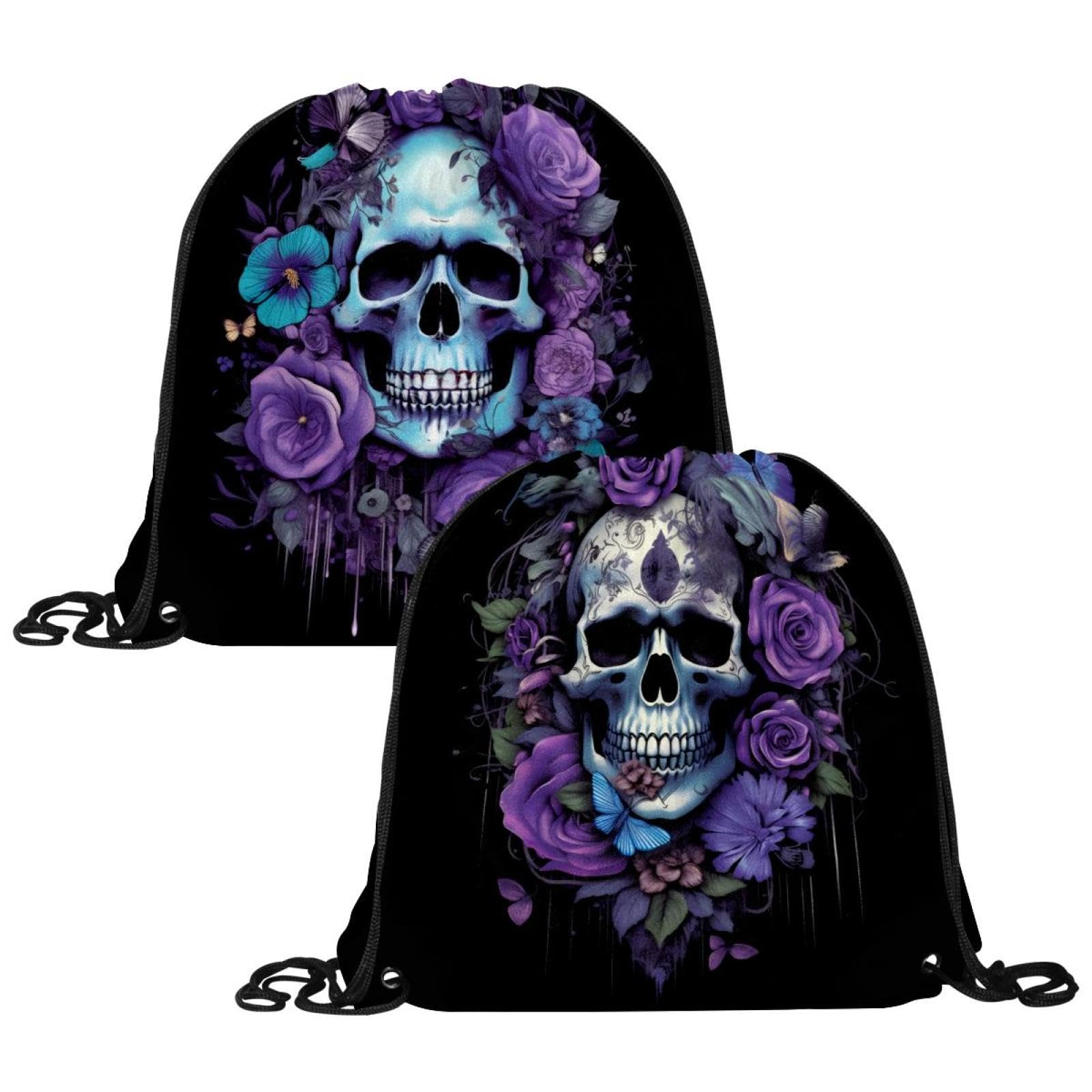 Luoweisi 2 Pcs Drawstring Bags, Skull Floral Swim PE Bags Drawstring Gym Bag for Kids Adults String Swimming Sports Backpack for School Sports Swimming Gym Travel