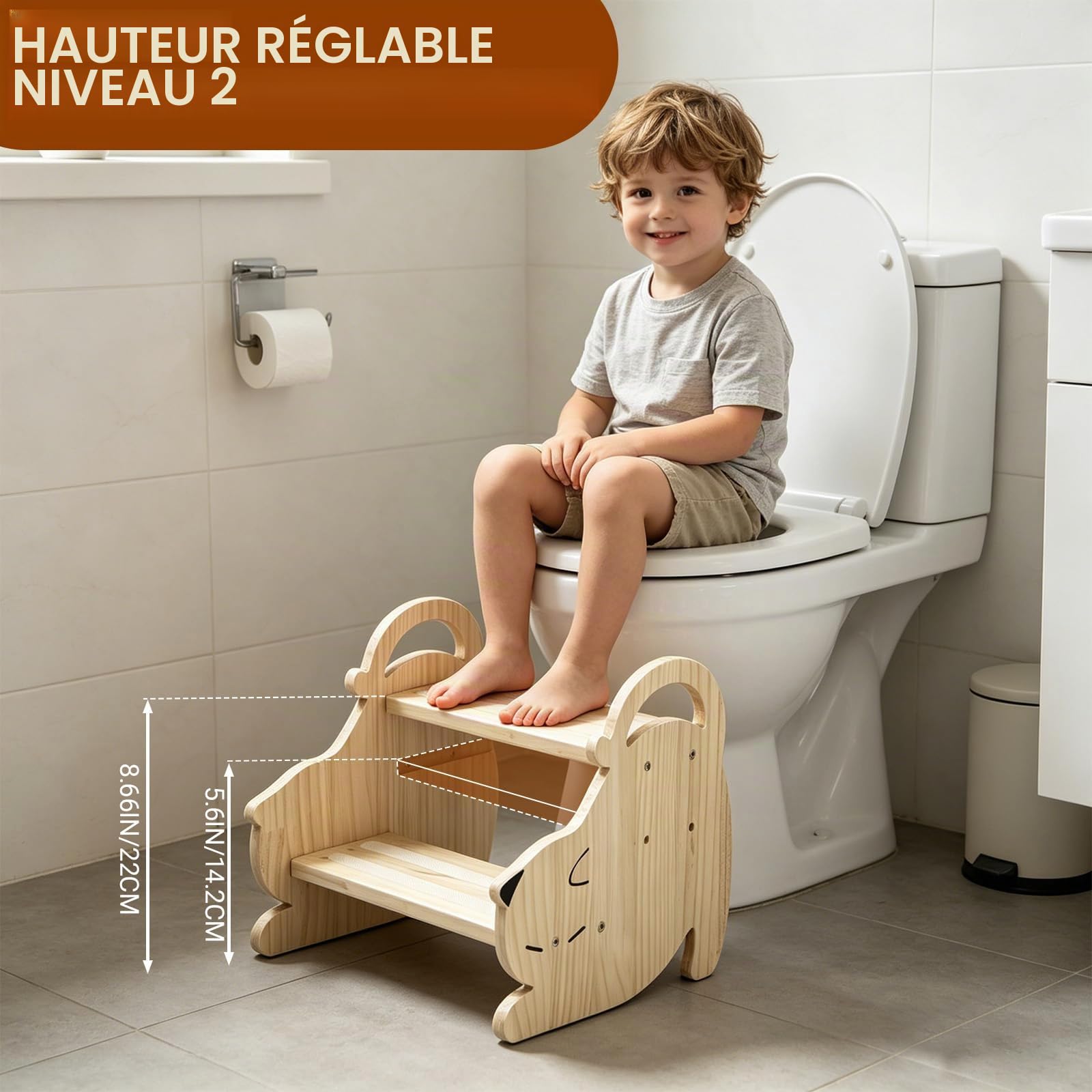 Marchepied pour Enfant, Antidérapant Portables Tabouret Marche Pied Bois 2 Marches Stable Marche Pied Enfant Charge Maximale 150kg, Deux Hauteurs Réglables, pour Salle de Bain et Cuisine, Chat