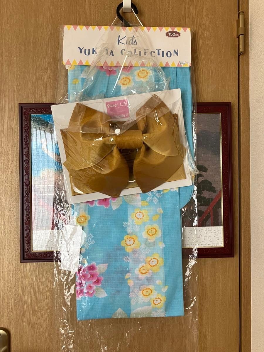 レトロ キッズ 子供 浴衣 手縫い仕立て 花柄 140cm 作り帯 兵児帯 子供