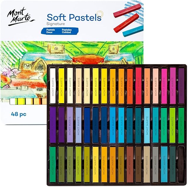 MONT MARTE Soft Pastels in Tin Box Signature 48pc, 48 Assorted Colours, Vibrant Pastel Sticks, Great Blending, Comes in Storage Case, Ideal For Art, Craft, Colouring and Sketching