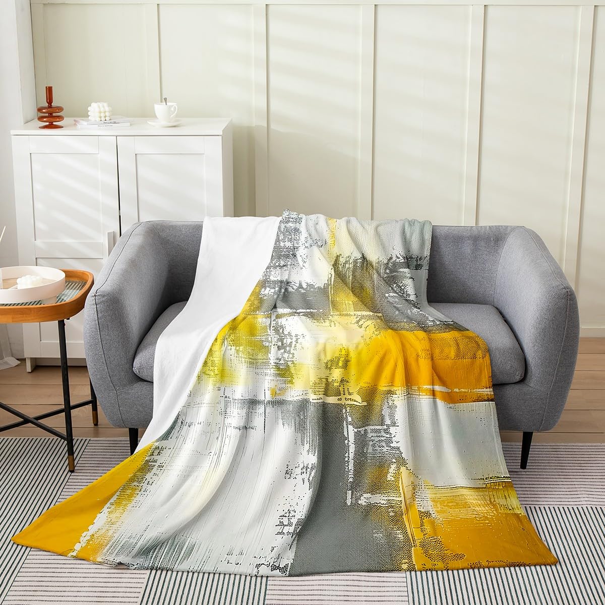 Erosebridal Oil Painting Throw Blanket 50x60 inch Modern Ombre Fleece Blanket Retro Watercolor Flannel Blanket,Rustic Yellow Grey Bed Blanket for Sofa