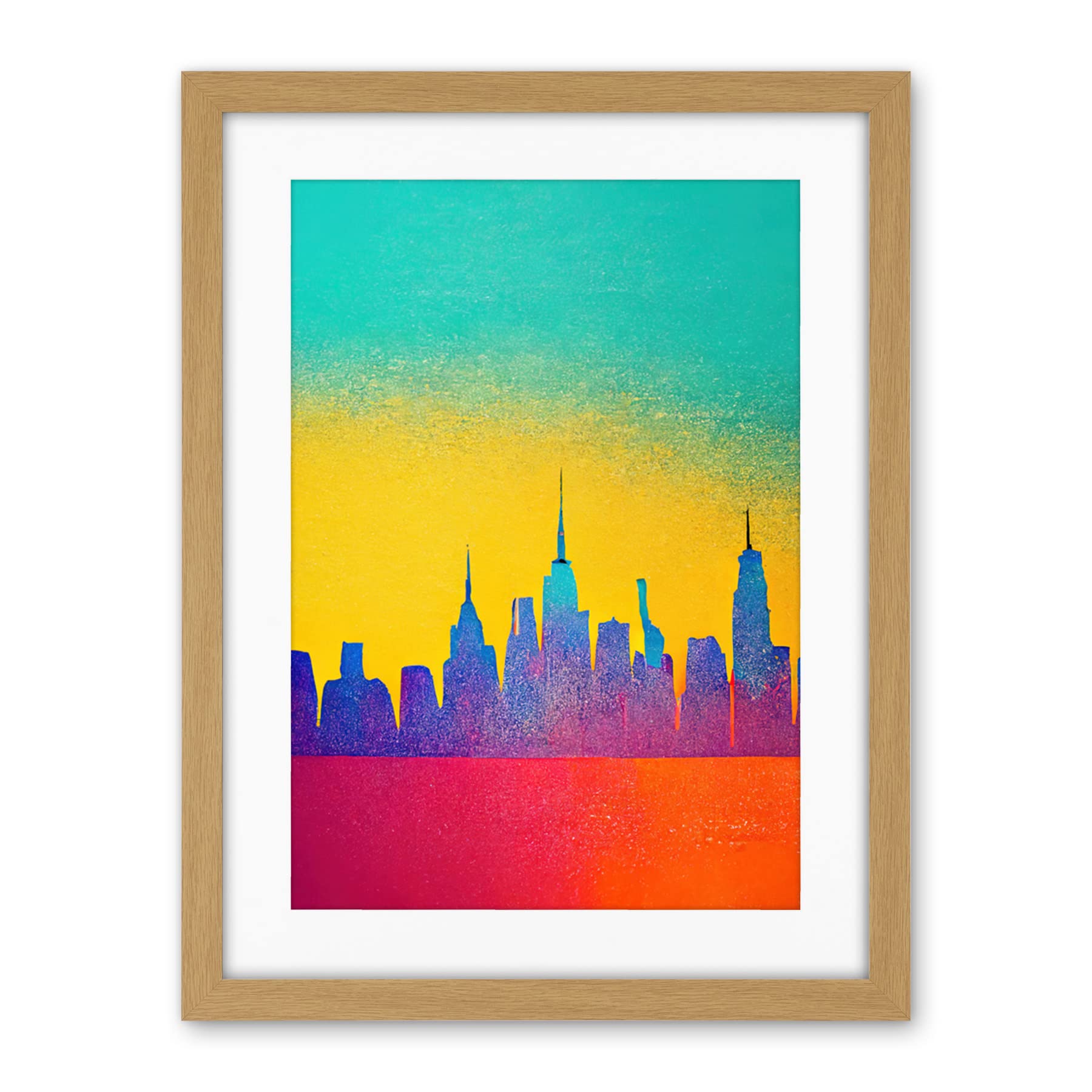 Wee Blue Coo Bright Colourful Abstract New York Skyline Cityscape Yellow Blue Coral Turquoise Artwork Framed Wall Art Print 18X24 Inch