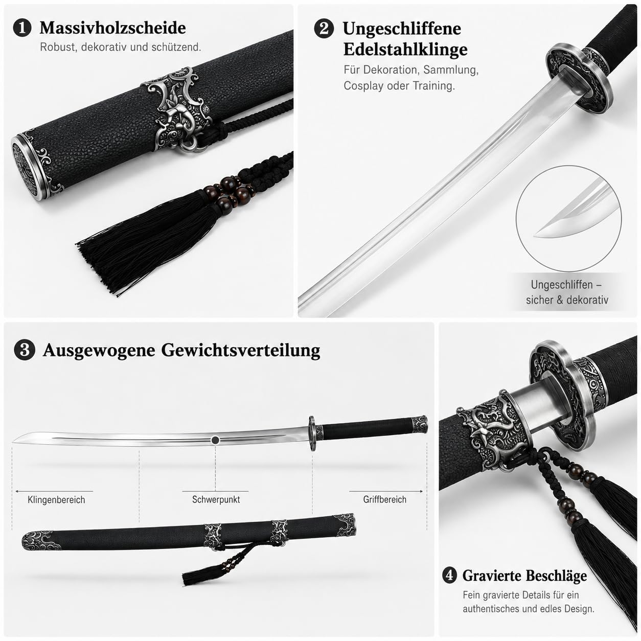 Katana Samuraischwert 104cm Nicht geschärft – Deko Schwert aus Edelstahl mit schwarzer Holzscheide, Japanisches Dekoschwert für Sammler, Cosplay, Anime Deko & Geschenk