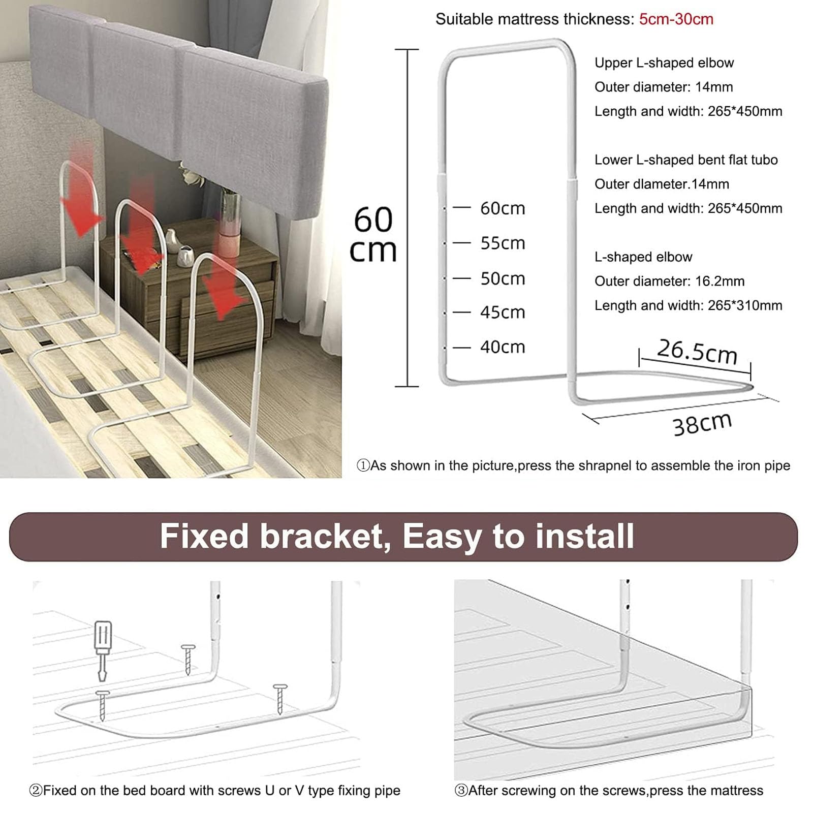 Paracolpi per Sponde Letto Regolabili con Cerniera - Altezza 40-60 Mm, Struttura in Cotone Perlato E Acciaio | Protezione Lavabile per Materassi da 5-30 Cm, Liberamente Combinabili,0.5m,Grey