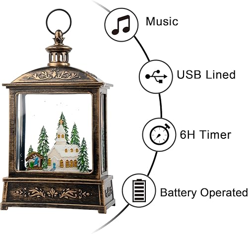 Miniatura 2 de Linterna musical de globo de nieve de 12.5 pulgadas iluminada para iglesia con pesebre, linterna de agua con purpurina giratoria, decoración y