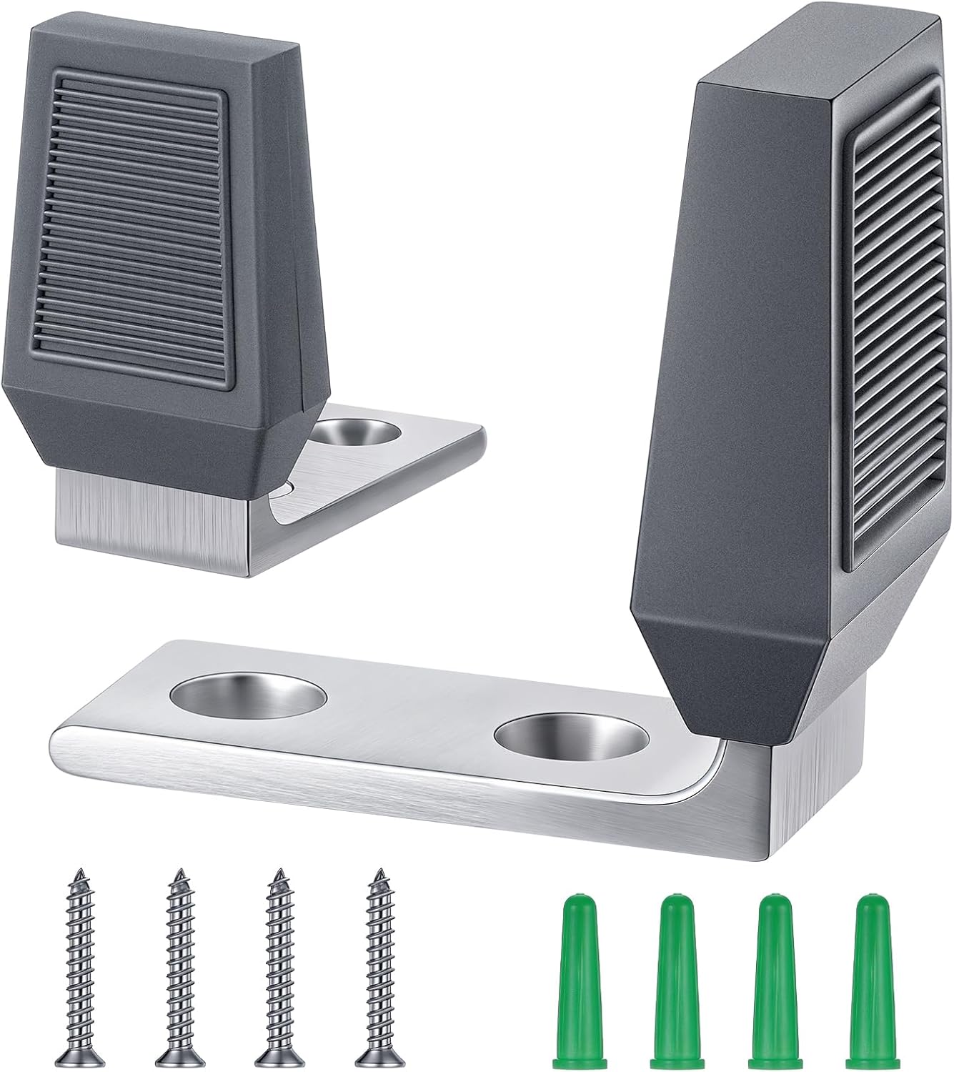 Moxweyeni 2 Pack Floor Door Stop Angle Door Stopper Floor Mounted Heavy Duty Base for Doors with up to 2" Gap Comes with Rubber Bumper Stainless Steel Screws Suitable for Wood Concrete Floors (Grey)