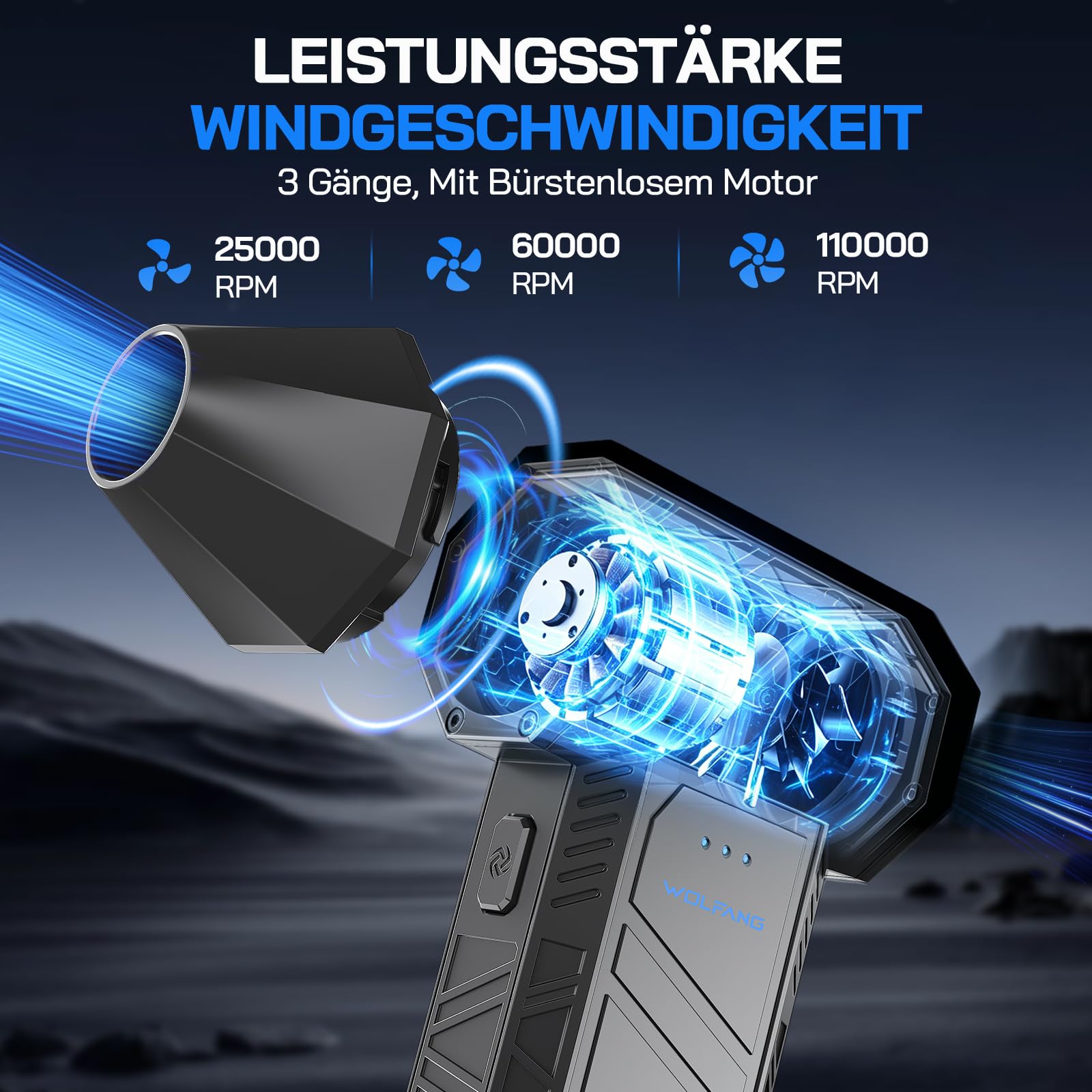 WOLFANG Electric Air Duster-110000RPM Super Power Cordless Air Duster, 3-Gang Mini-Gebläse Elektrische Staubgebläse mit Akku Ultraleise Druckluft für Computer, Tastatur, Haus, Outdoor und Auto