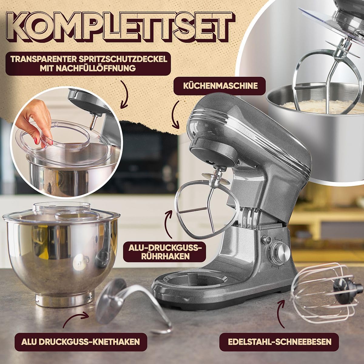 ProfiCook® Küchenmaschine zum backen | Knetmaschine 5L mit starkem 1200W Motor | Teigmaschine inkl. Haken & Schneebesen | Retro Teigknetmaschine Spritzschutz mit Nachfüllöffnung | PC KM 1197 anthrazit