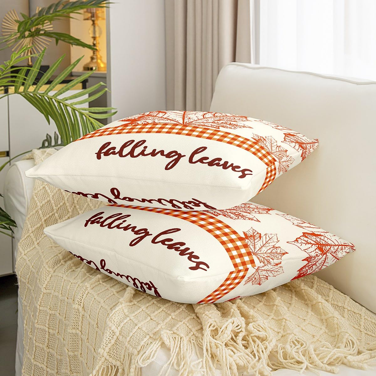 Set Di 2 Federe Per Cuscini Decorative Autunnali 50x50 Cm - Foglie D'Acero E Pallone Da Calcio In Lino, Per Divano E Esterni, Con Cerniera Invisibile - 3