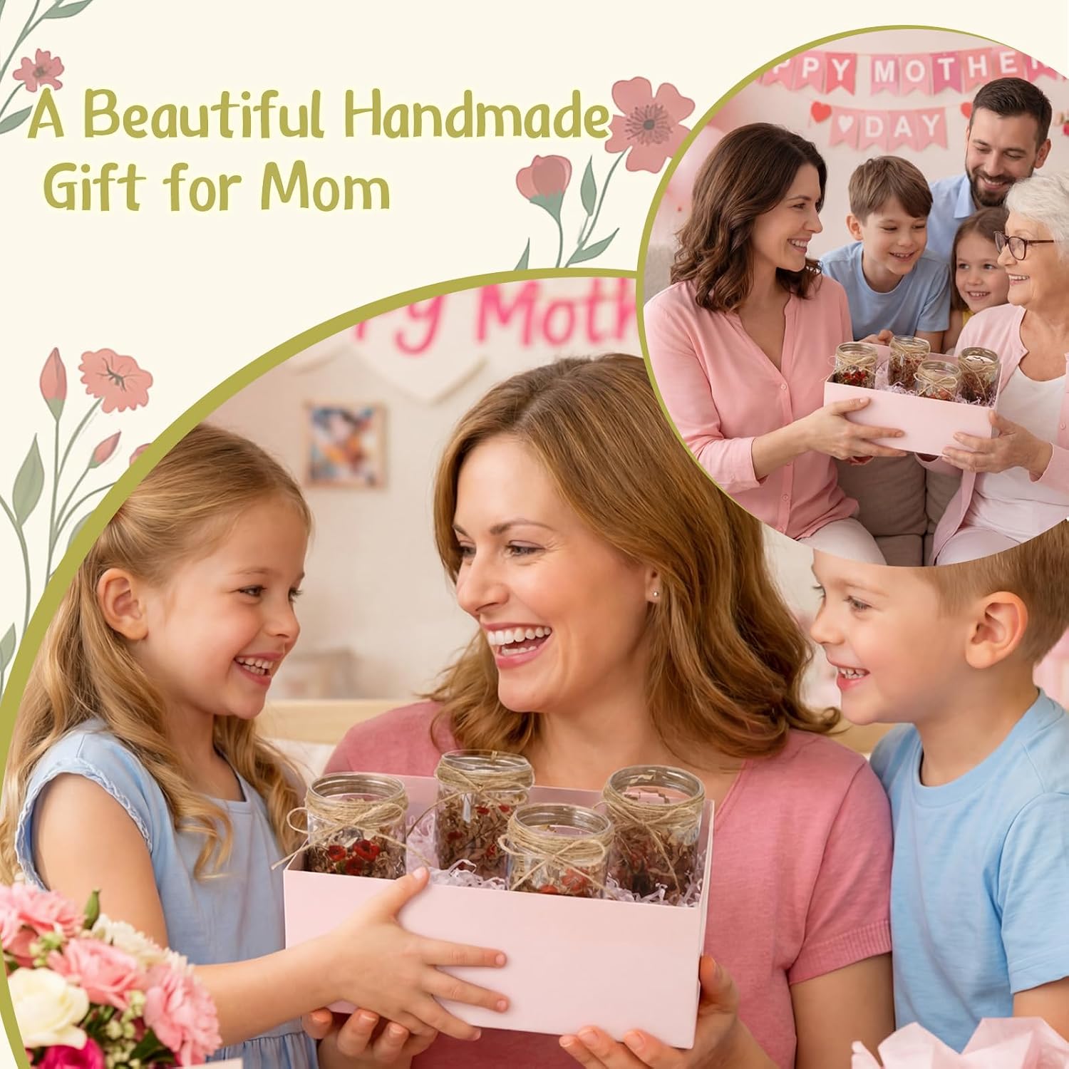 24 Sets Mother's Day Craft Kits DIY Plastic Mason Jars Gifts Bulk Make You Own Flower Craft Floral Stickers Twine Paper Shreds Thankful Gift for Mom Classroom Activities Table Centerpieces