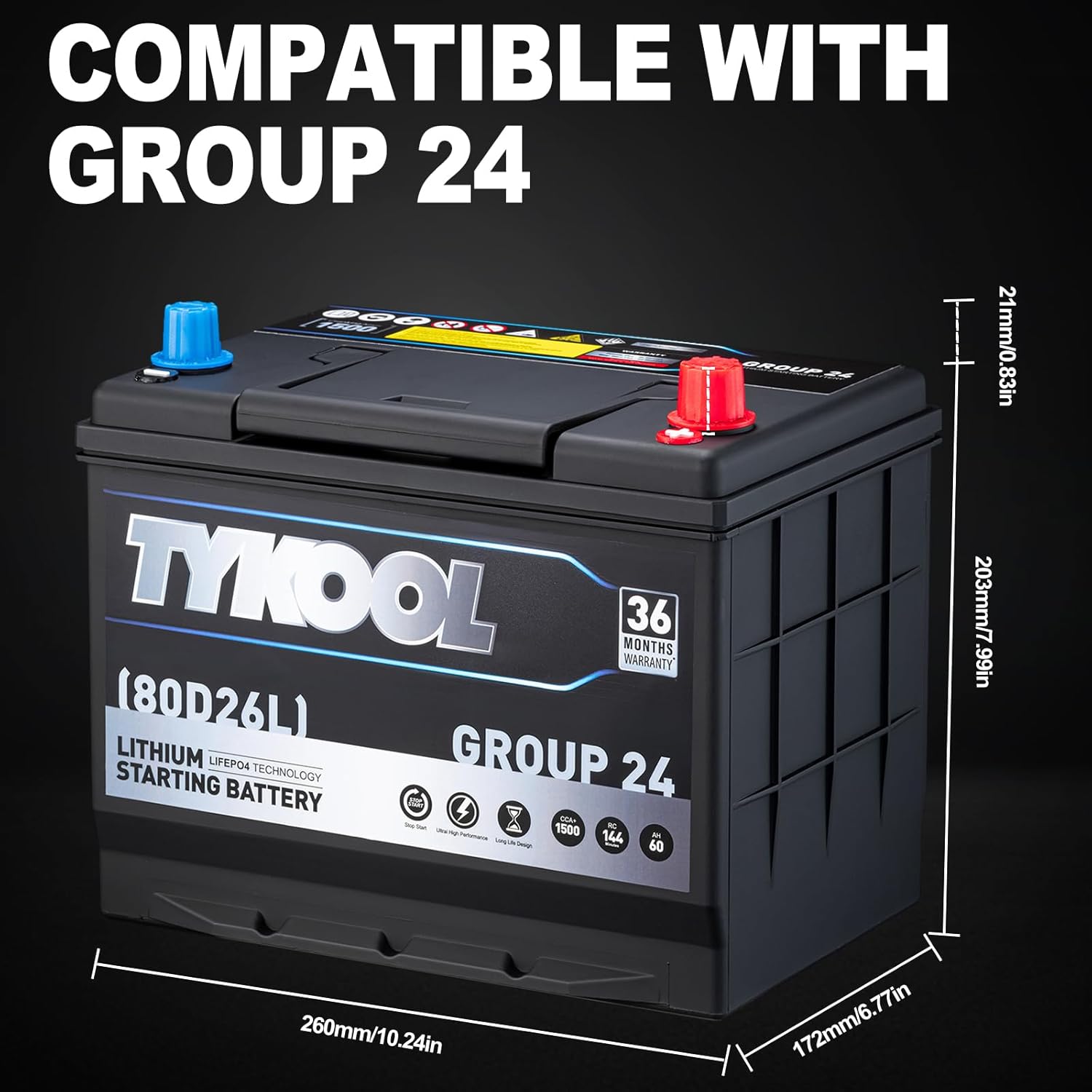 TYKOOL LiFePO4 Lithium Car Battery,BCI GROUP 24,1500CCA,144RC,12V 60AH Automotive Battery,High-Performance Car Battery,Size 80D26, AGM battery replacement, 36 Months Warranty