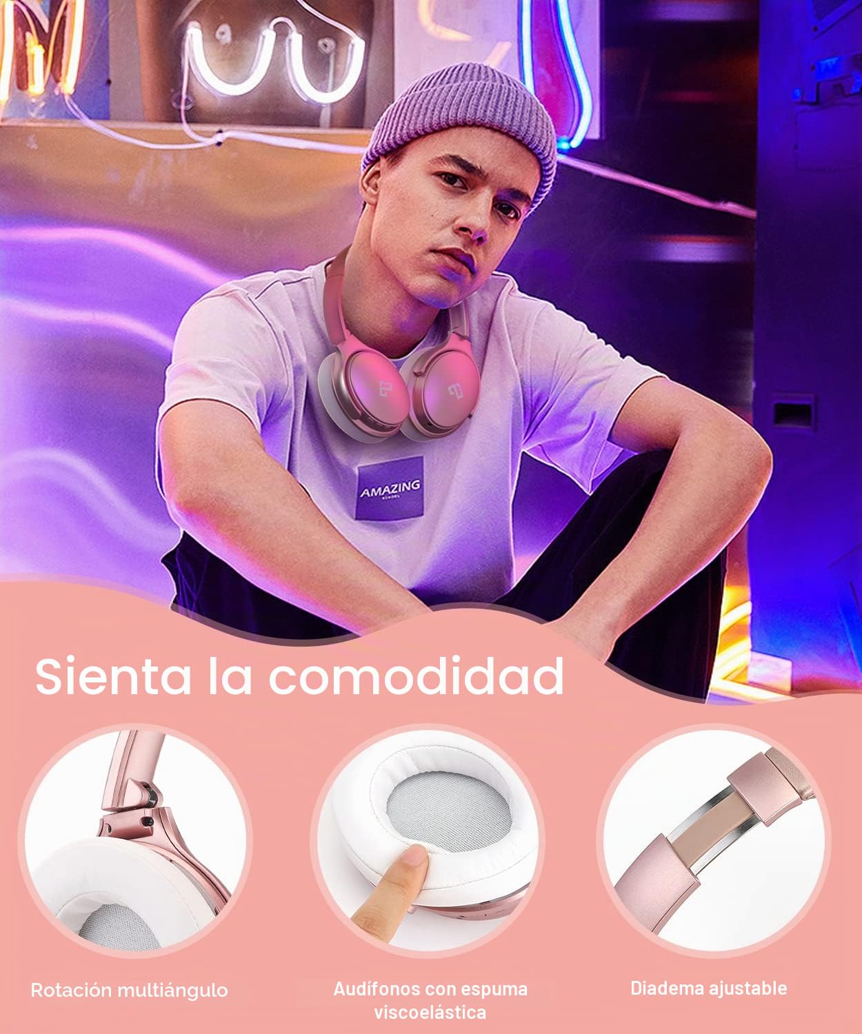 INFURTURE Auriculares Inalámbricos Bluetooth, hasta 90 Horas de Autonomía con Carga Rápida y Estilo Diadema,Regalos para Hombres, Mujeres,Adolescentes,Yoga,Entrenamiento,Fitness,Relax,Viajes - Rosa