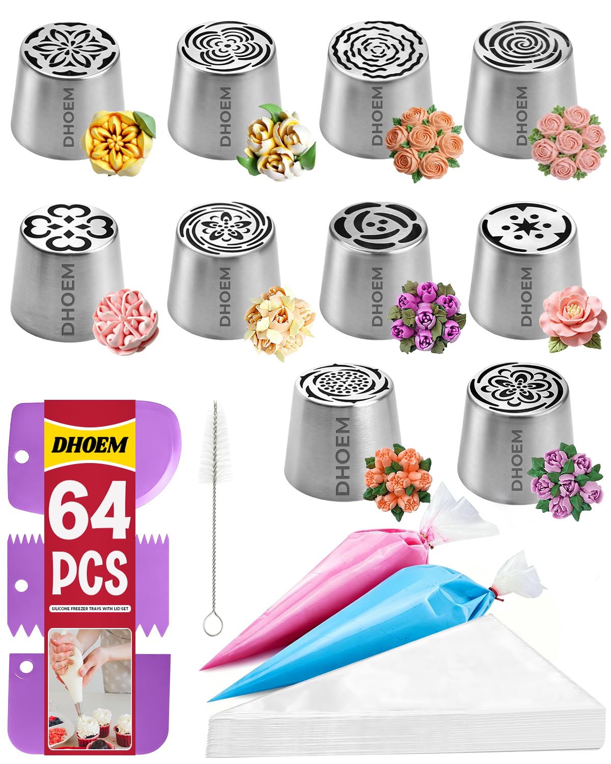 Lot de 64 douilles russes en acier inoxydable, 10 douilles de fleurs pour décorations florales : roses, tulipes, guimauve, bouquets de crème au beurre, fournitures de décoration de gâteaux pour