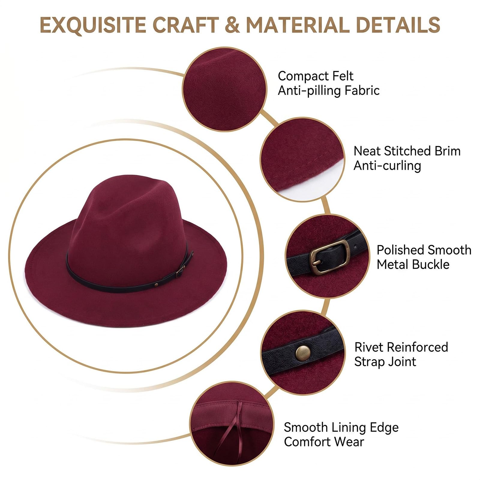 Chapeau Fedora unisexe à large bord avec boucle de ceinture réglable classique Panama Église Chapeau pour homme et femme